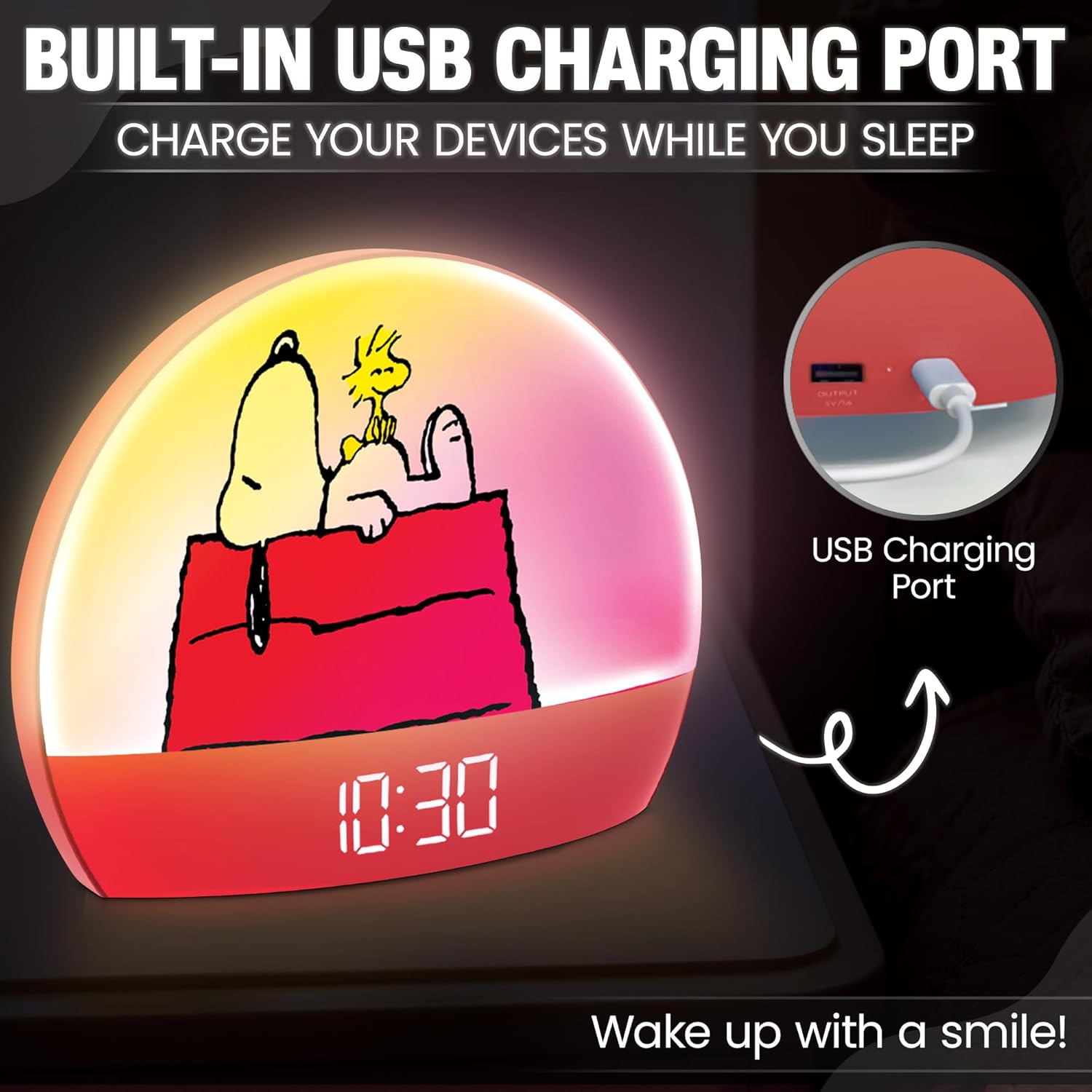 Peanuts Snoopy Sunrise Alarm Clock – Vibrant Snoopy Edition with Multicolor Lights, USB Charging, LED Display, Gentle Wake-Up Simulation, and Handy Snooze Function, Red