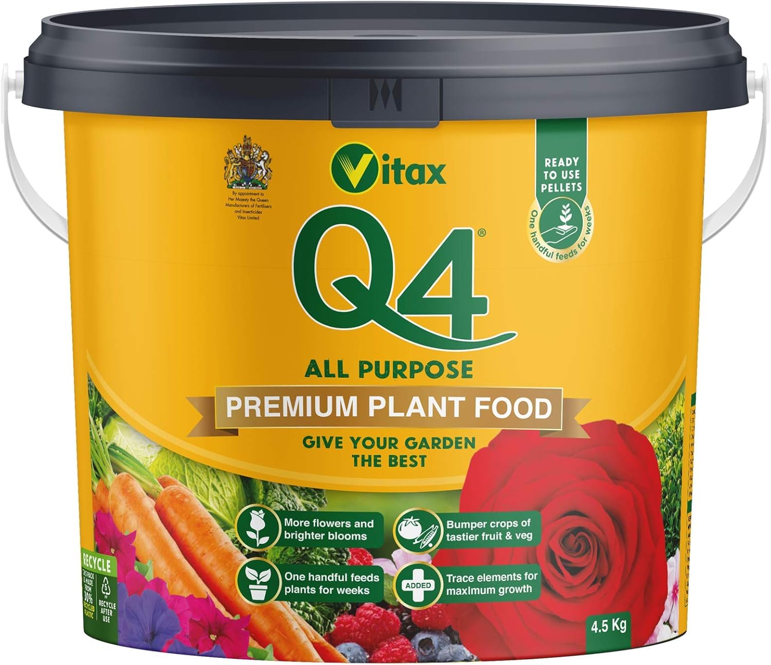 Q4 All Purpose Premium Plant Food Enriched with Organic Nutrients Slow Release Fertiliser Bigger Yields More Flowers Essential Trace Elements for Flowers, Fruit & Veg 4.5kg Tub