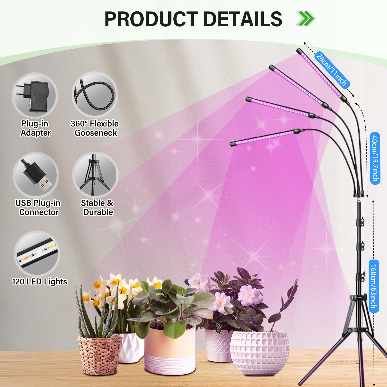 Anluomania Lámpara de Planta 4 Cabezas, Lámpara de Cultivo, Luces de Crecimiento Espectro Completo, con Soporte, Lampara de Crecimiento con Temporizador 4/8/12H, 10 Niveles Regulables, 3 Modos