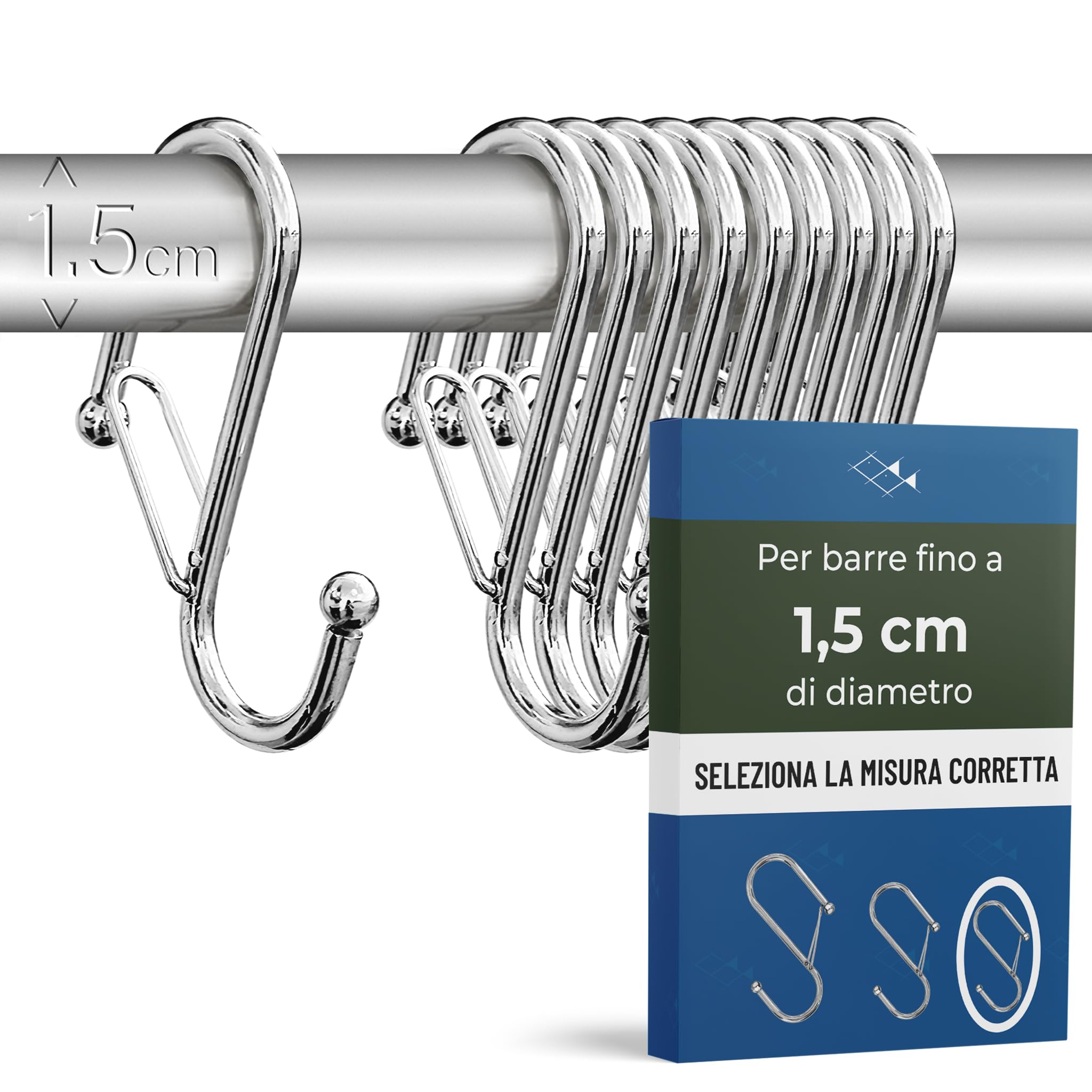 10 ganci in metallo a forma di S con sistema anticaduta, per armadio e organizzazione multiuso, Argento, per barre fino a 1,5 cm di diametro