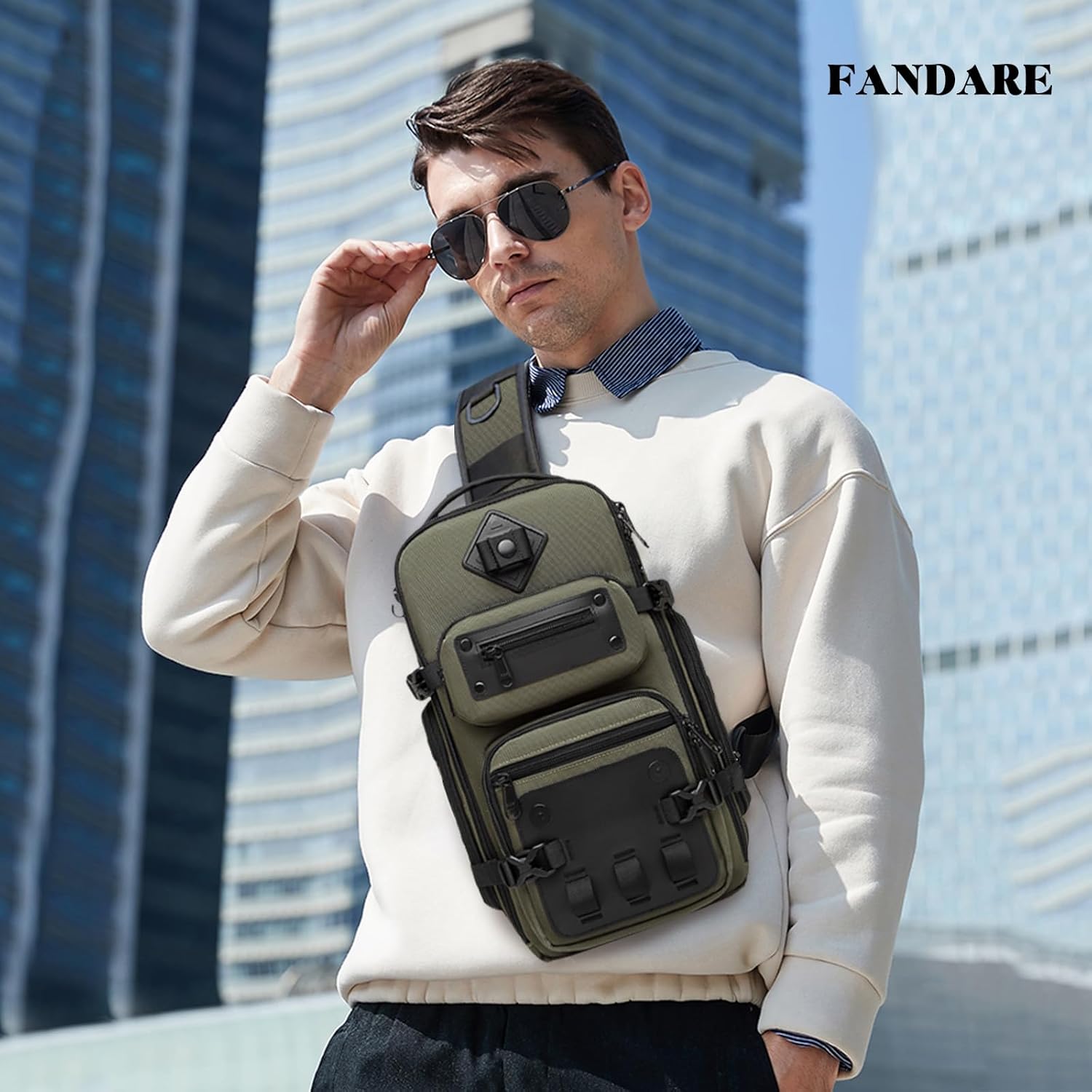 FANDARE Tactical Sling Bag Crossbody Backpack with Tripod Holder Chest Shoulder bag for Men One Strap Motorcycle Chest Pack for Travel Hiking Waterproof Satchel Bag fit 10.5 inch tablet ArmyGreen