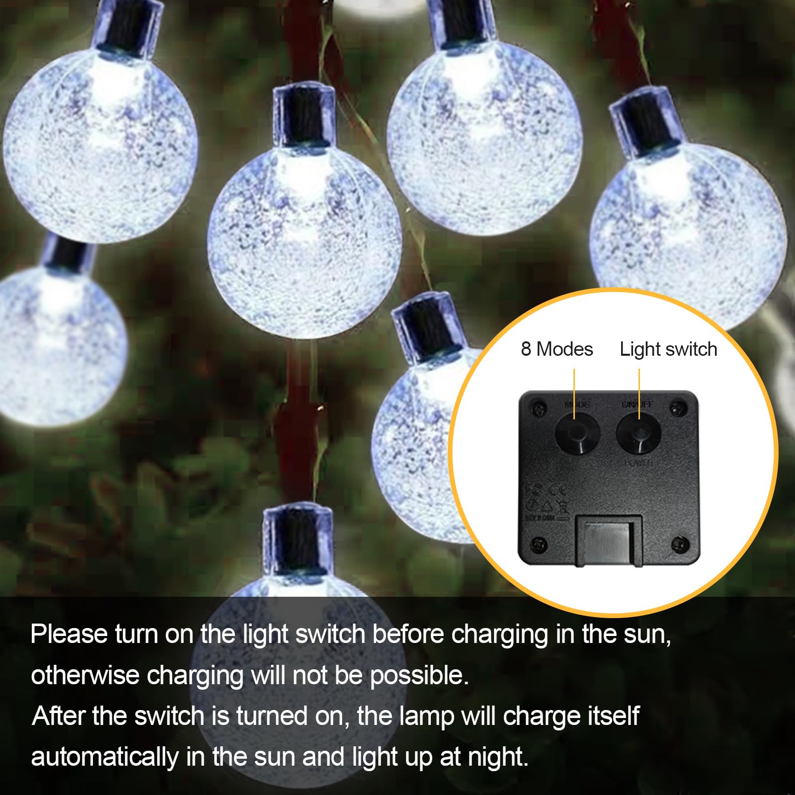 LQWELL® Catena di luci solari per esterni, giardino, luce a energia solare, sfere di cristallo, 40 LED, 10 m, IP44, 8 modalità, per esterni, giardino, terrazza (10M 40LED Bianco)