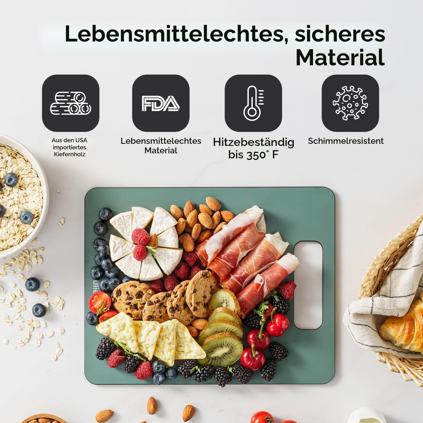 Holzfaser Schneidebrett 2er-Pack, Spülmaschinenfest Verbund-Schneidebrett, Hohe Dichte, Ungiftig, BPA-frei, Rutschfeste Füße, Messerfreundlich – Ideal für Küche und Geschenk, Grün