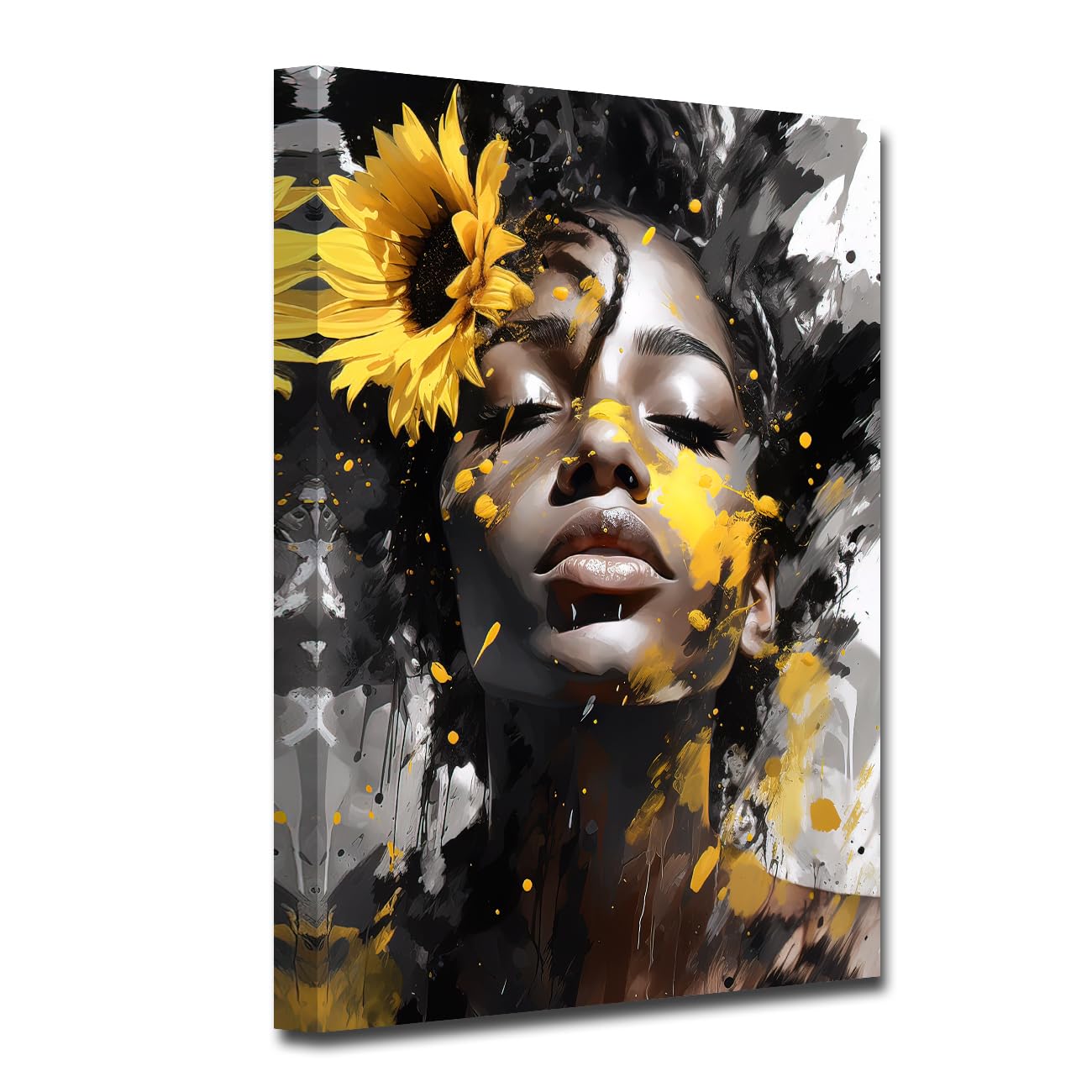 LMYSXAOZ African American Canvas Wall Art Abstract Black Woman Pictures Decor Vintage Girl Portrait Sunflower Posters Prints Home Framed (Woman-1, 24.00"x36.00")