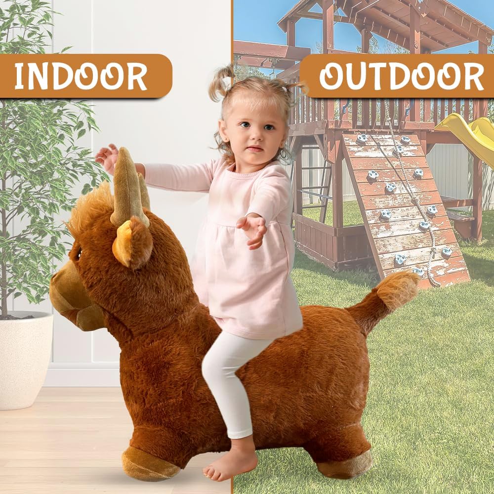 Plush Highland Cow Bull Bounce & Ride-on Inflatable Hopper Toddler Toy with Pump