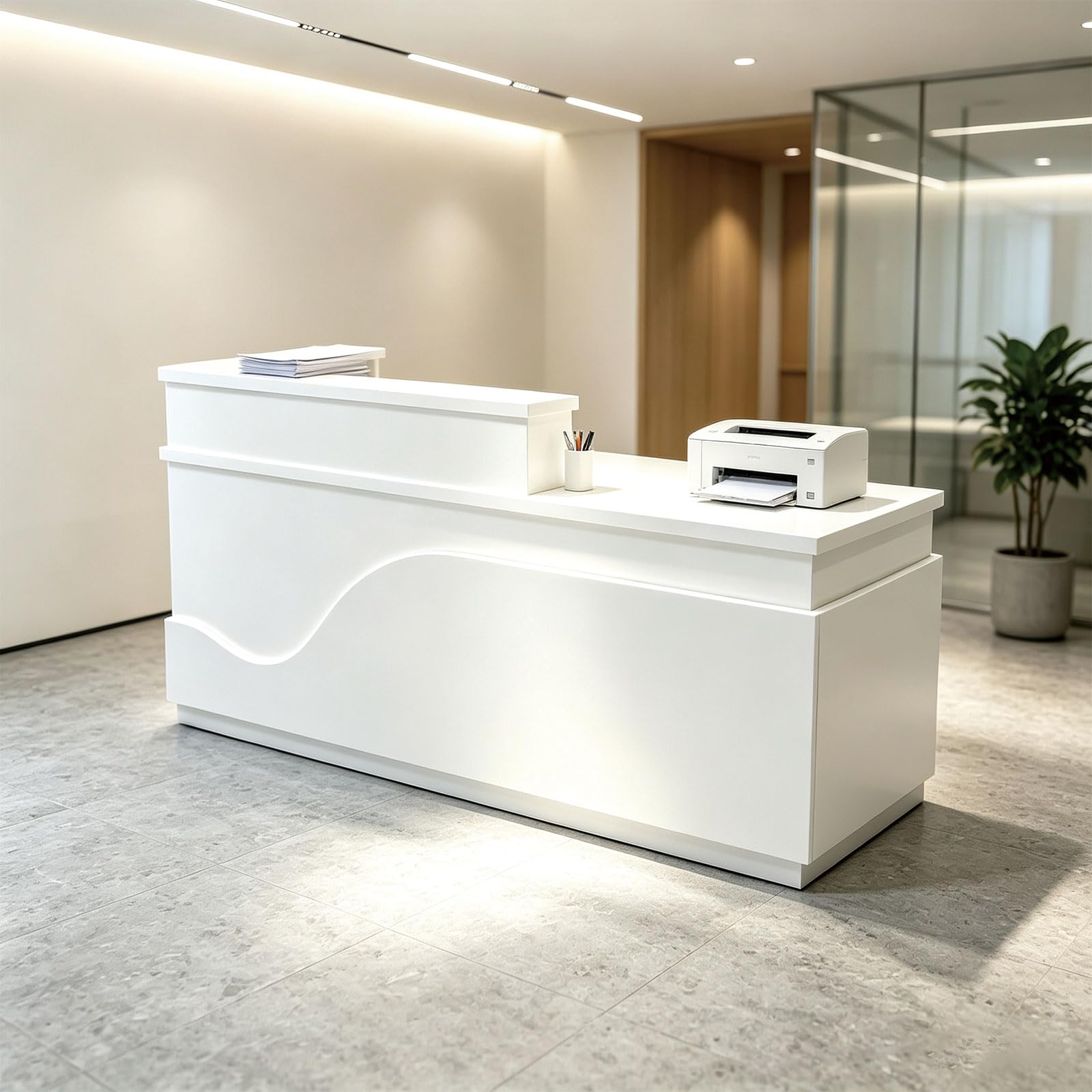 63-inch L-Shaped White Reception Desk, Modern Front Desk, Office