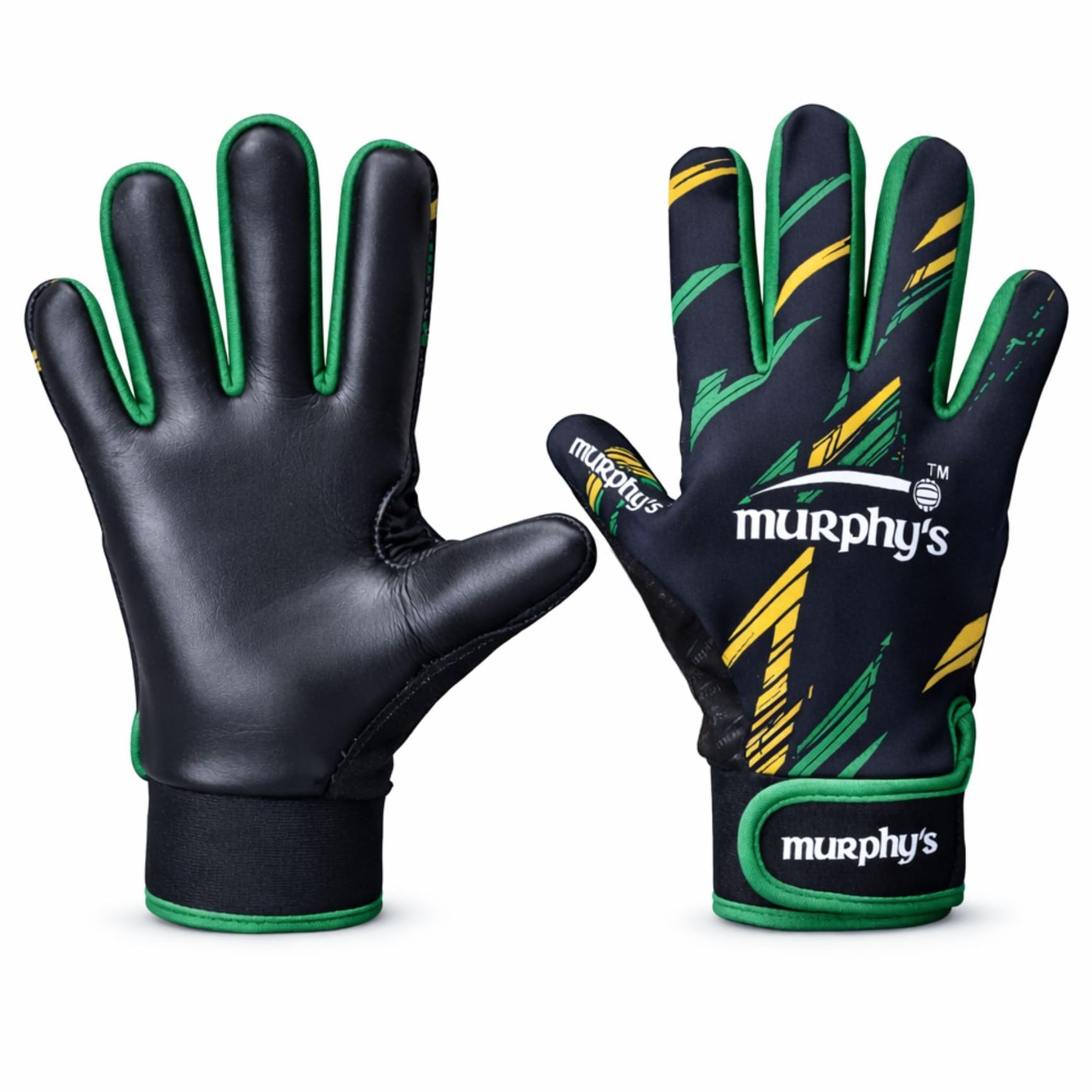 Murphy's Vision Gaelic Gloves, GAA Premium Latex Grip, Ventilated Finger Inset, Adjustable Wrist Strap, Wet Weather Ball Control, Black/Amber/Green, 5 - Under 10