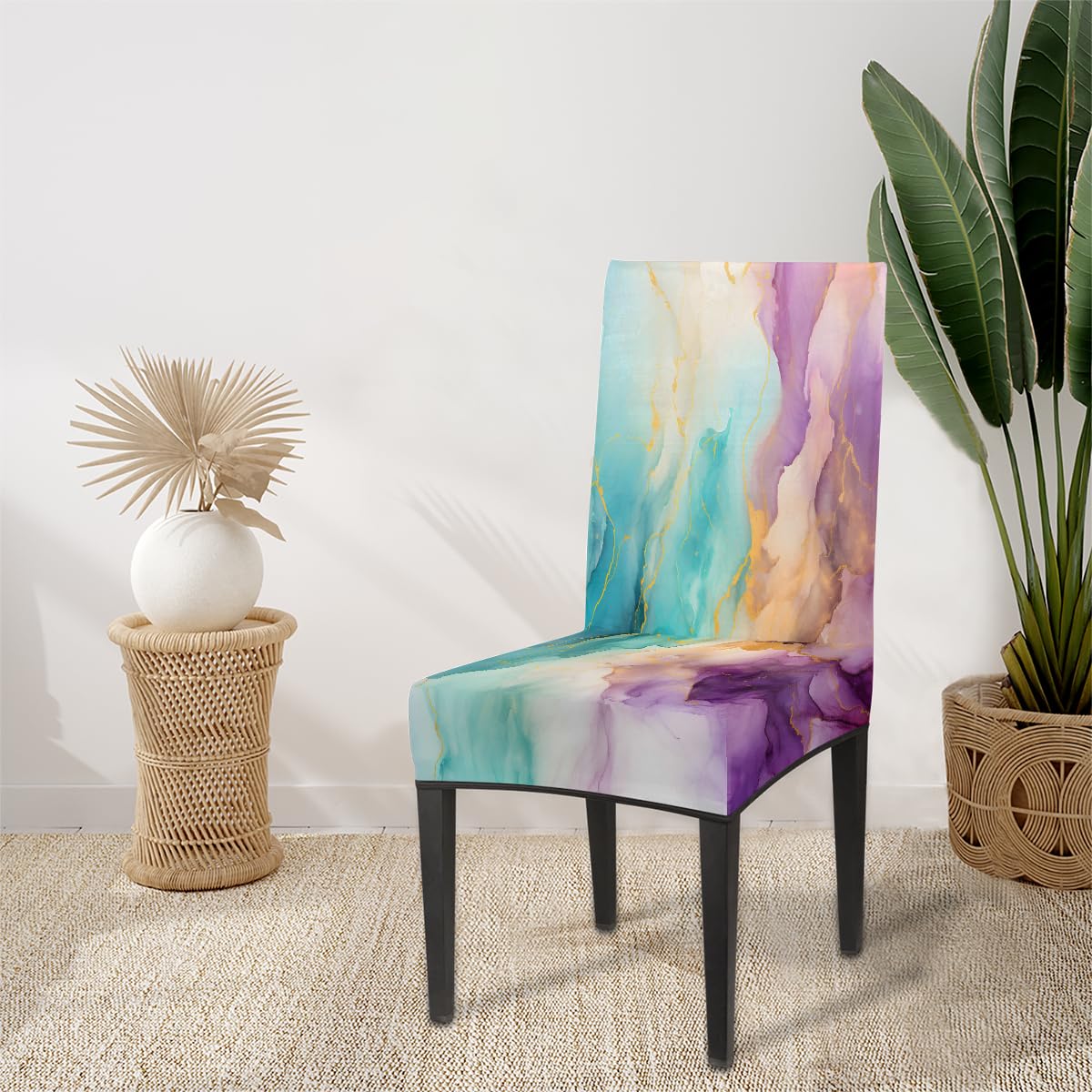 Mexpekil Stretchhussen für Esszimmerstühle, 6er-Set, Pastellblaugrün, Violett, Marmor, Stuhlhussen für hohe Rückenlehne, elastisch, waschbar, Schutz für verschüttete Haustiere, Flecken, Küche, Hotel