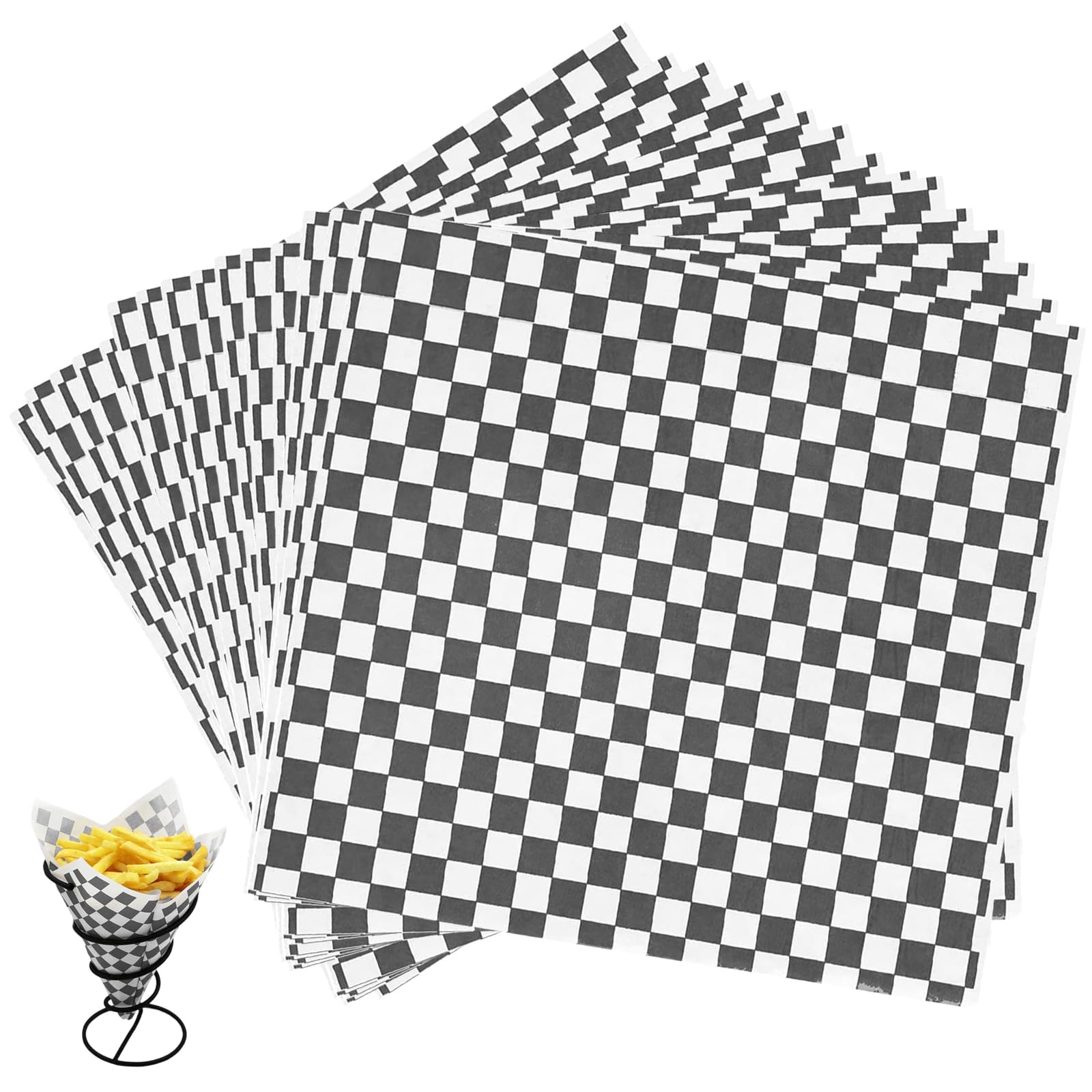 Food Grade Wrap Paper,100 Pack Checkered Basket Liners Food Grade Greaseproof Papers Oil-Proof Wrapping Wax Tissue,Food Grade Non-Stick Paper for Deli BBQ Hamburger Sandwiches (Black)