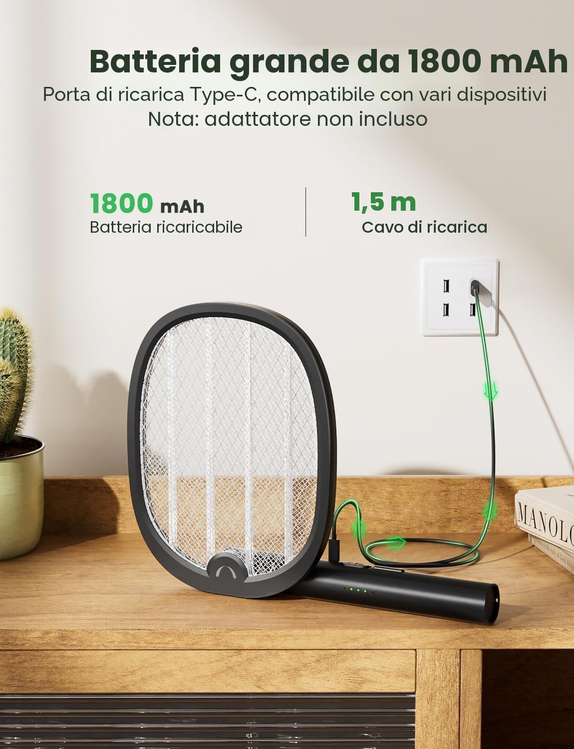 YISSVIC Racchetta Zanzare Elettrica 3 in 1 Pieghevole 4000V con USB Ricaricabile 1800mAh e LED Trappola per Zanzare Adatto per Interni ed Esterni Nero