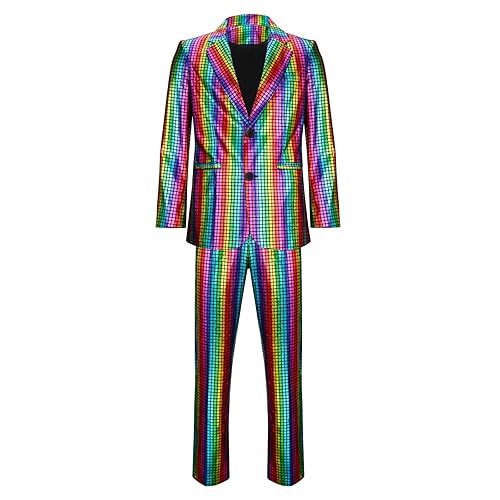 Men’s 2 Pieces Disco Costume Jacket Pants Outfit Set Adult 70s Shiny Metallic Sequin Halloween Cosplay Party Suit - XXL - Rainbow