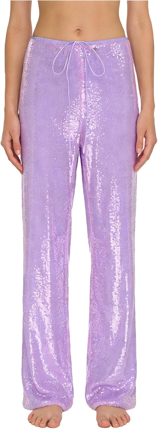 FEESHOW Women's Sequin Straight Wide Leg Pants Glitter Trousers with Drawstring for Nightclub Stage Dance
