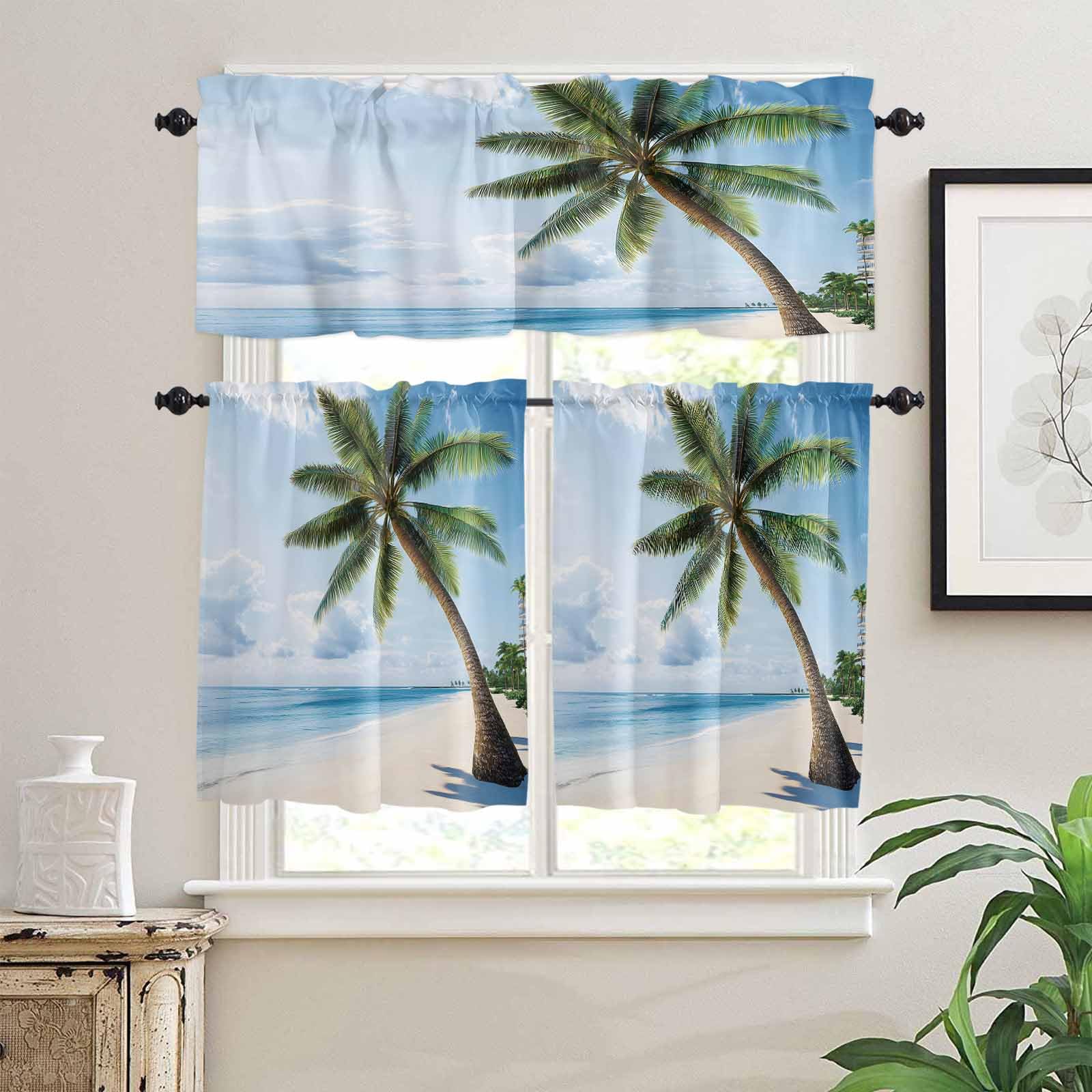 Beach Palm Tree Kitchen Curtains 24 Inch Length, 3 Piece Rod Pocket Small Half Tiers and Valance Set, Ocean Coastal Sky Nature Scenery Small Large Window Treatment Decor for Bedroom/Bathroom Sink