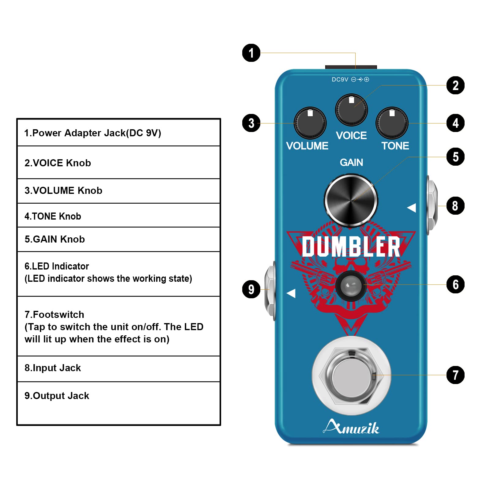 Amuzik Dumbler do Gitary Analogowy Pedały Overdrive Dumbler do Gitary Elektrycznej ze Średnim Niskim Zniekształceniem Rozmiar Mini True Bypass