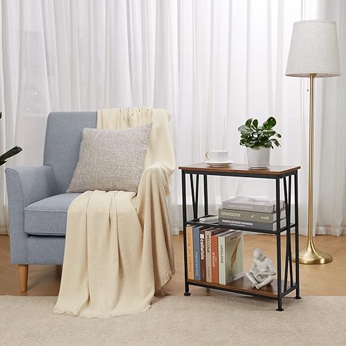 Miniatura 14 de GIOPACO Mesa auxiliar estrecha, mesa auxiliar con estantes de almacenamiento de 3 niveles, mesas auxiliares delgadas industriales rústicas para