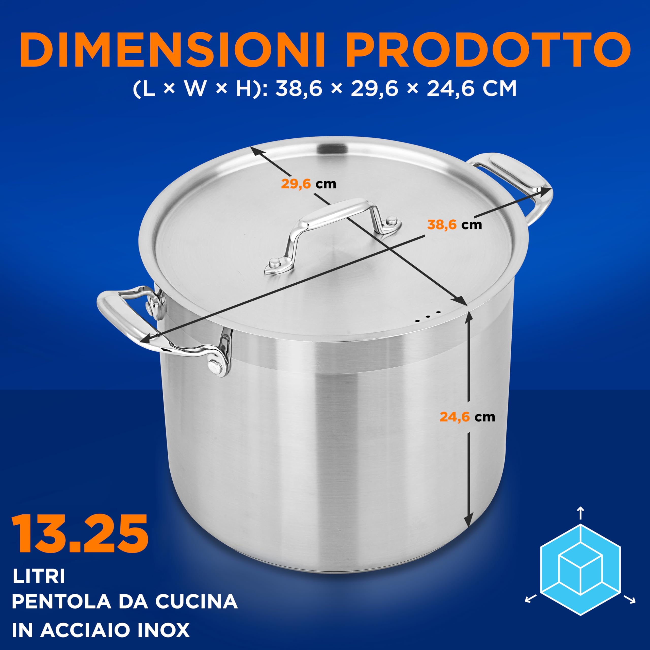 NutriChef Pentola Acciaio Inox 13,2 L con Coperchio, Manici Ergonomici, Pentola Induzione Resistente, Ideale per Cucine Professionali e Casa