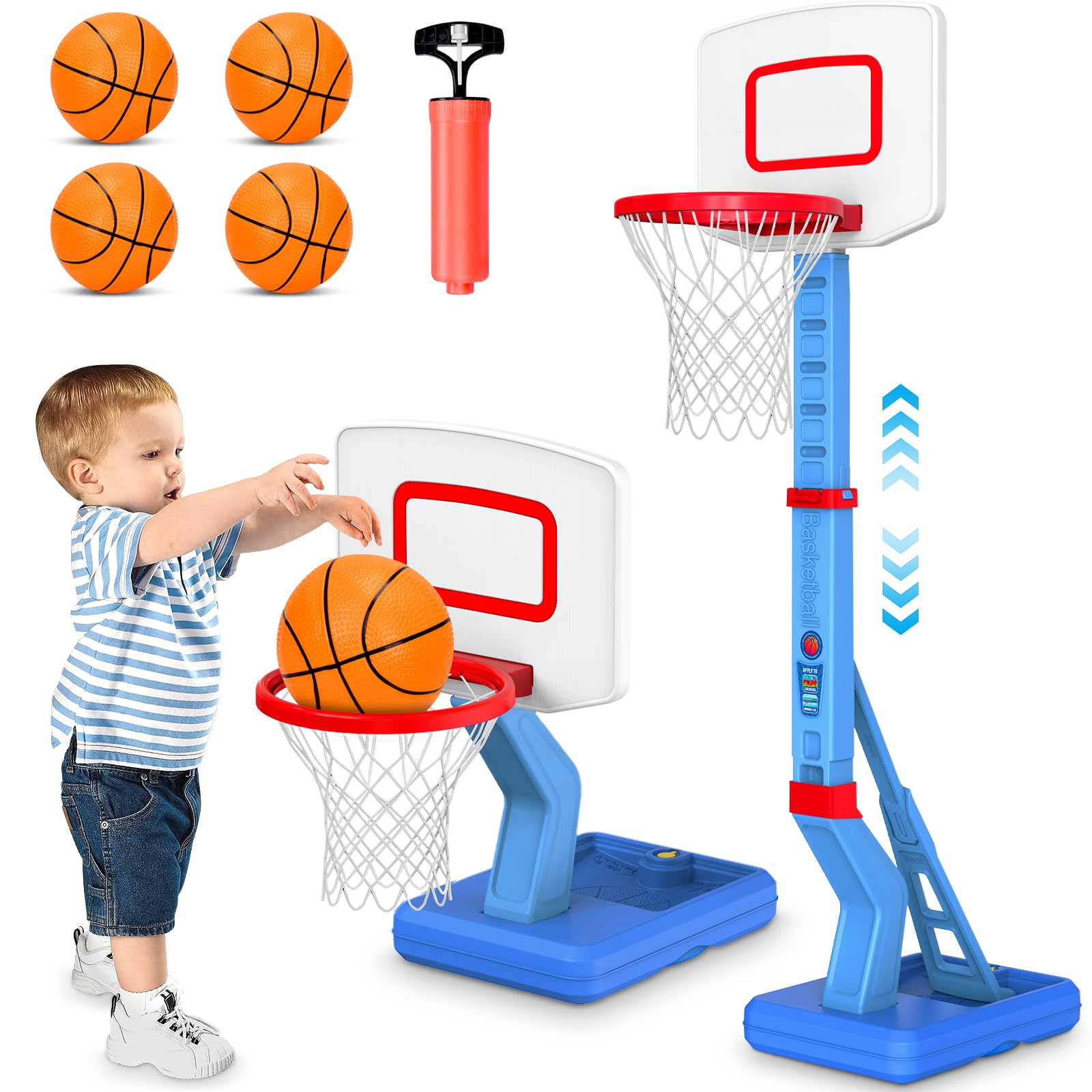 Canasta Baloncesto Infantil, Altura Ajustable 70-138 cm,Mini Canasta de Baloncesto para Interior y Exterior,Regalos Cumpleaños para niños de 3 a 8 años-Azul