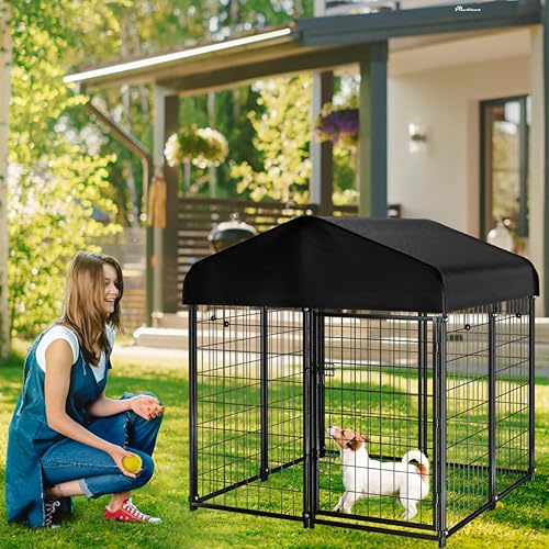 Miniatura 6 de Perrera para perros al aire libre con techo, 4 x 4.2 x 4.5 pies de alambre soldado para exteriores, jaula de perro resistente con cubierta