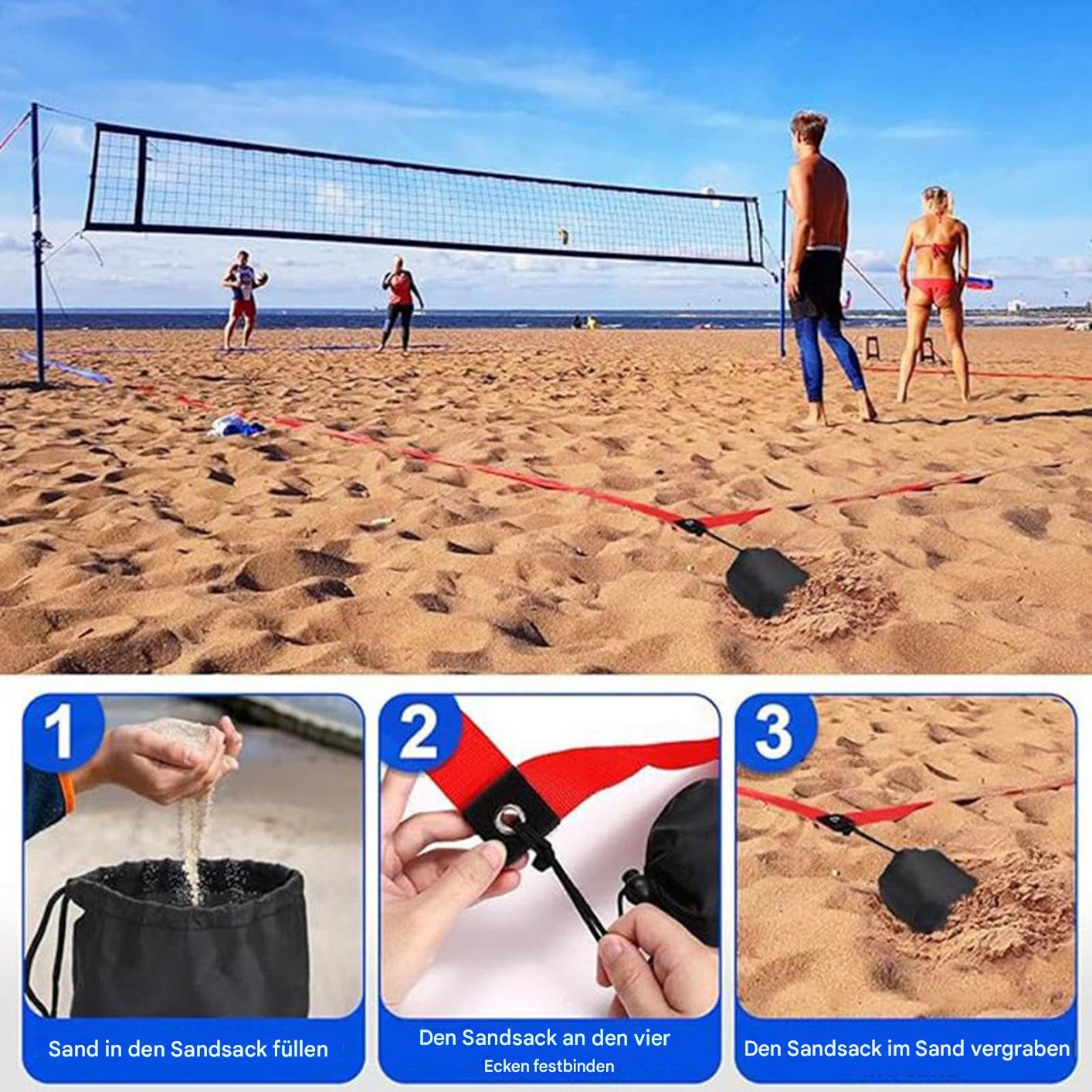 Kit de volleyball de plage - Marquages de volleyball d'extérieur | Lignes de sable de volley | Barres en acier réglables en hauteur | Accessoires de sport portables pour la maison, la pelouse
