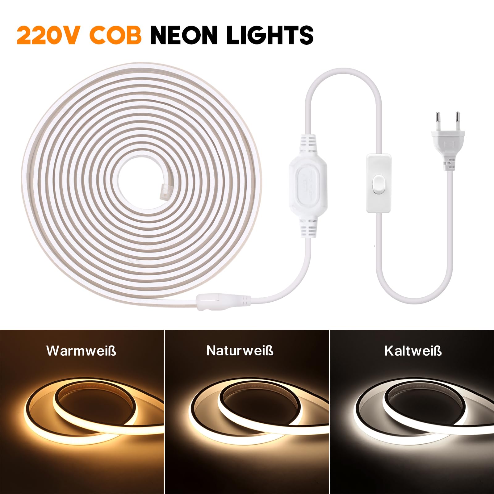 COB LED Streifen 100M,Kaltweiß 6000K CRI≥90 Helligkeit Hohe Neon LED Band,Lumineszenz Linear Hohe Dichte 288LEDs/M LED Lichter mit 220V EU Schaltstecker für Wohnzimmer Schlafzimmer, Weihnachten