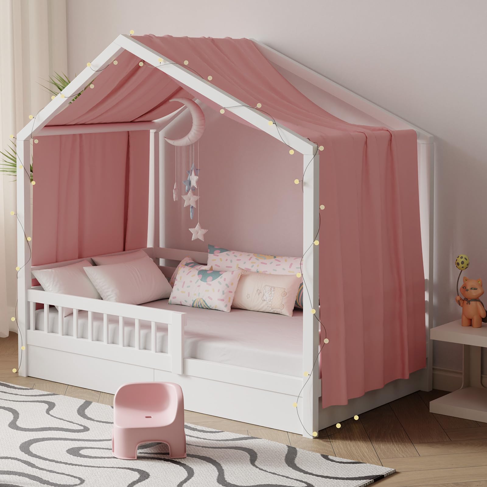 Pacok Hausbett Himmel mit Lichterkette 1 Stück Deko Baldachin Hausbett Vorhang,Betthimmel Musselin Stoffhimmel Hausbett für Mädchen Jungen Kinderbett,135 x 420 cm Rosa