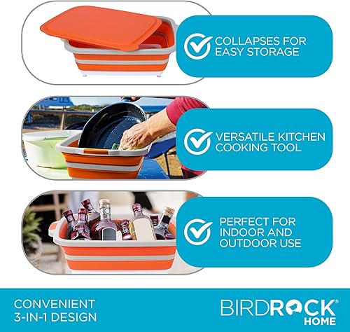 Miniatura 5 de BIRDROCK HOME Tina plegable XL para preparación de barbacoa con tabla de cortar, organizador de parrilla multifunción con colador y tapa, cuenco de