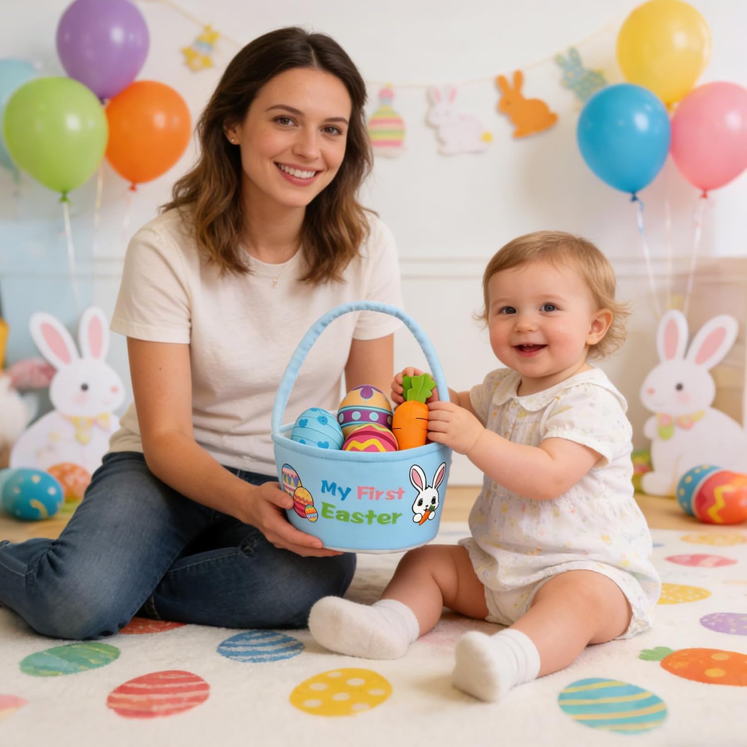 5 Pcs Plush Easter Bunny Basket Set, Easter Buckets with Easter Eggs Hunting Basket for Easter Party Gifts, Stuffed Easter Bags for Easter Decorations for Kids Boys Girls