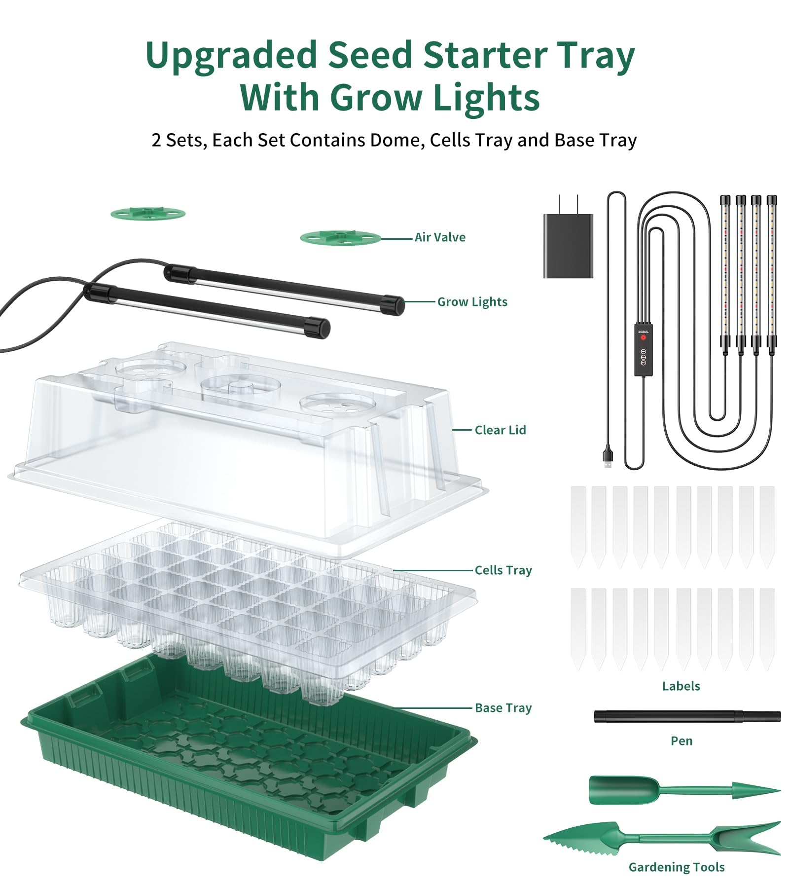 Bandeja de inicio de semillas, 80 celdas, bandejas de inicio de plántulas con luz de crecimiento y cúpula de humedad, kit de germinación de semillas reutilizable para jardinería en interiores
