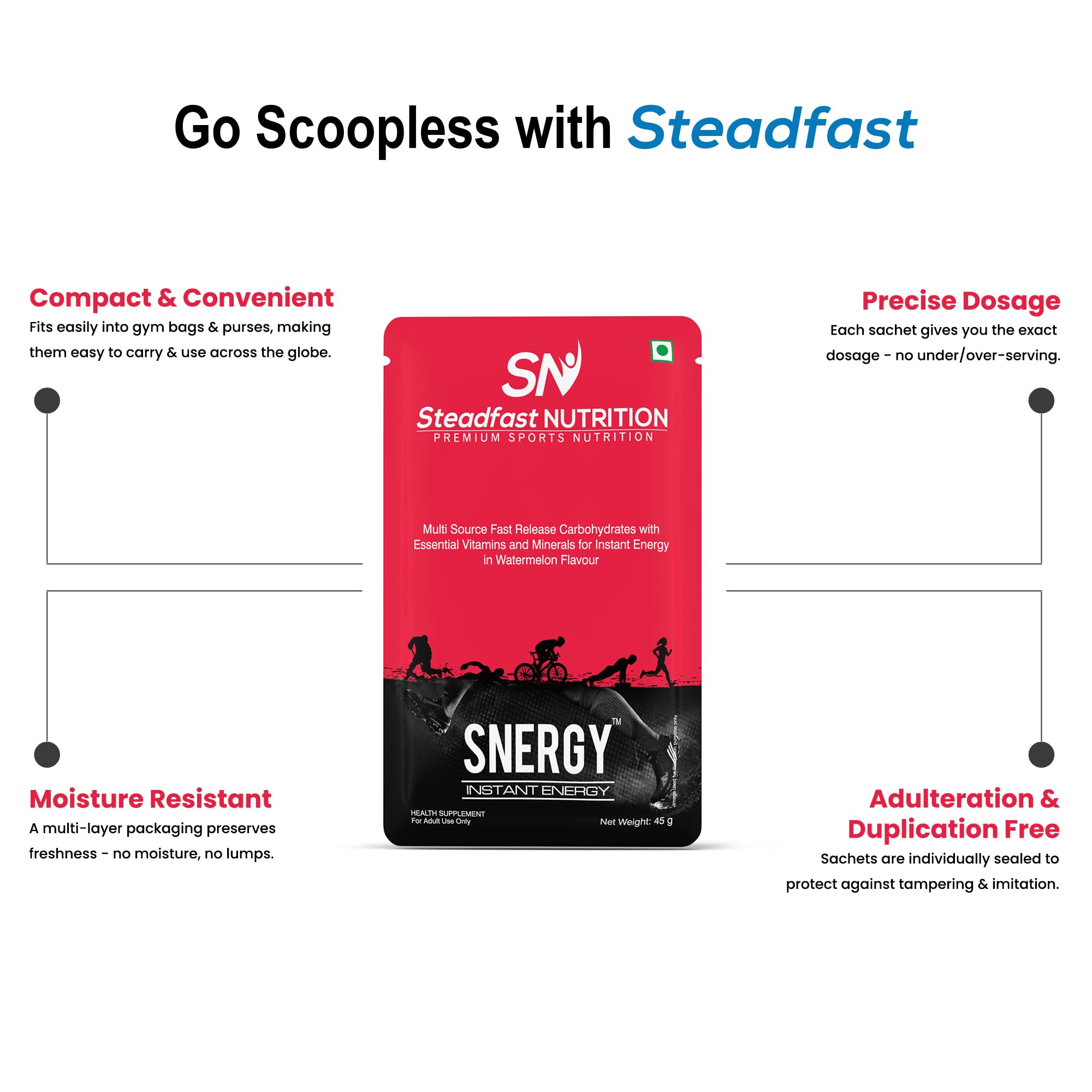 Steadfast Nutrition Snergy Instant Energy & Hydration Essential Vitamins & Minerals Pre workout Supplements for Men & Women (Watermelon 30 Sachets, 1350g) 2