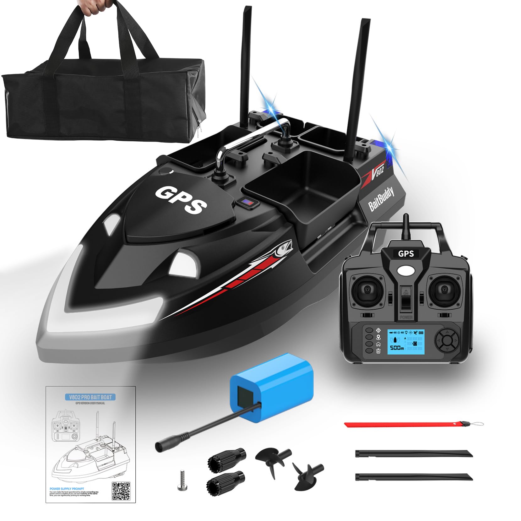 FUMENG Dual Antennas 4 Hoppers Wireless Smart Bait Boat Large Capacity Loading GPS Position Auto Cruise Fishing RC Bait Boat, (V802-Black-12000MAH)