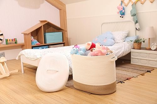 Miniatura 102 de Cesta de almacenamiento rectangular extragrande de 22 x 14 x 18 pulgadas con tapa, cesta de almacenamiento grande de cuerda de algodón, cesta