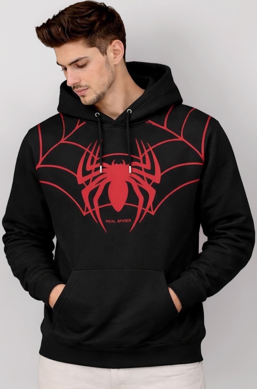 Spider Web Graphic Hoodie - Black & Red Streetwear Hooded Sweatshirt for Men