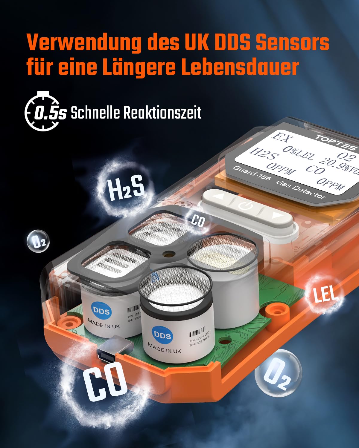 TopTes Guard-156 Gasmelder, 4 Gasmelder Für H2S, CO, LEL und O2, mit 3 Alarmmodi (visuell, Vibration, Ton), 0,5s Schnellreaktion, Staub- und explosionsgeschütztes Design, ideal für Arbeit und Zuhause