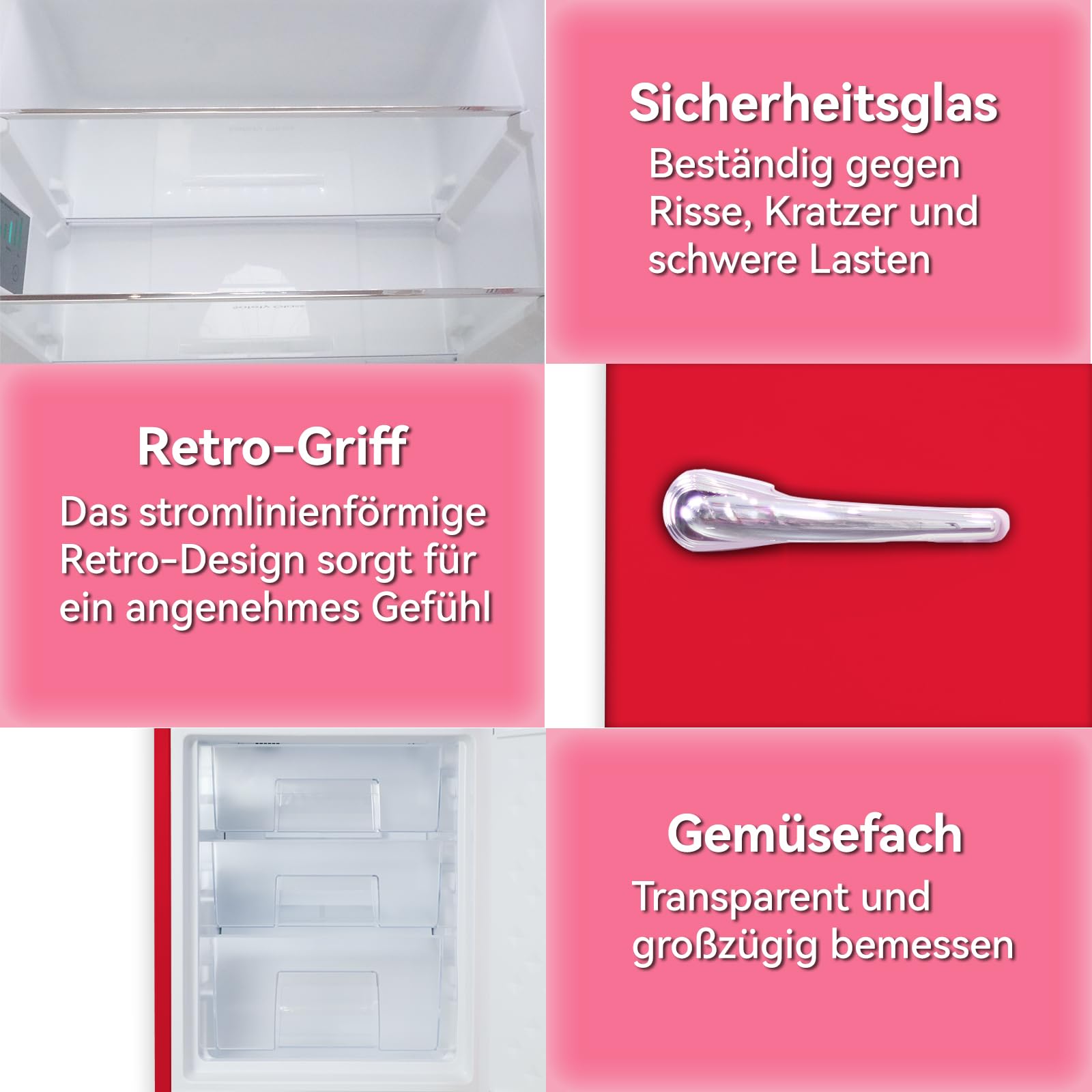 magictec 【Premium】 Retro Kühlschrank Mit Gefrierfach Vintage 179cm,【Total No Frost Plus 】, 236L (168L/68L Gefrierfach) | Kühl Gefrierkombination Freistehend Retro | Elektronische Steuerung | Rot