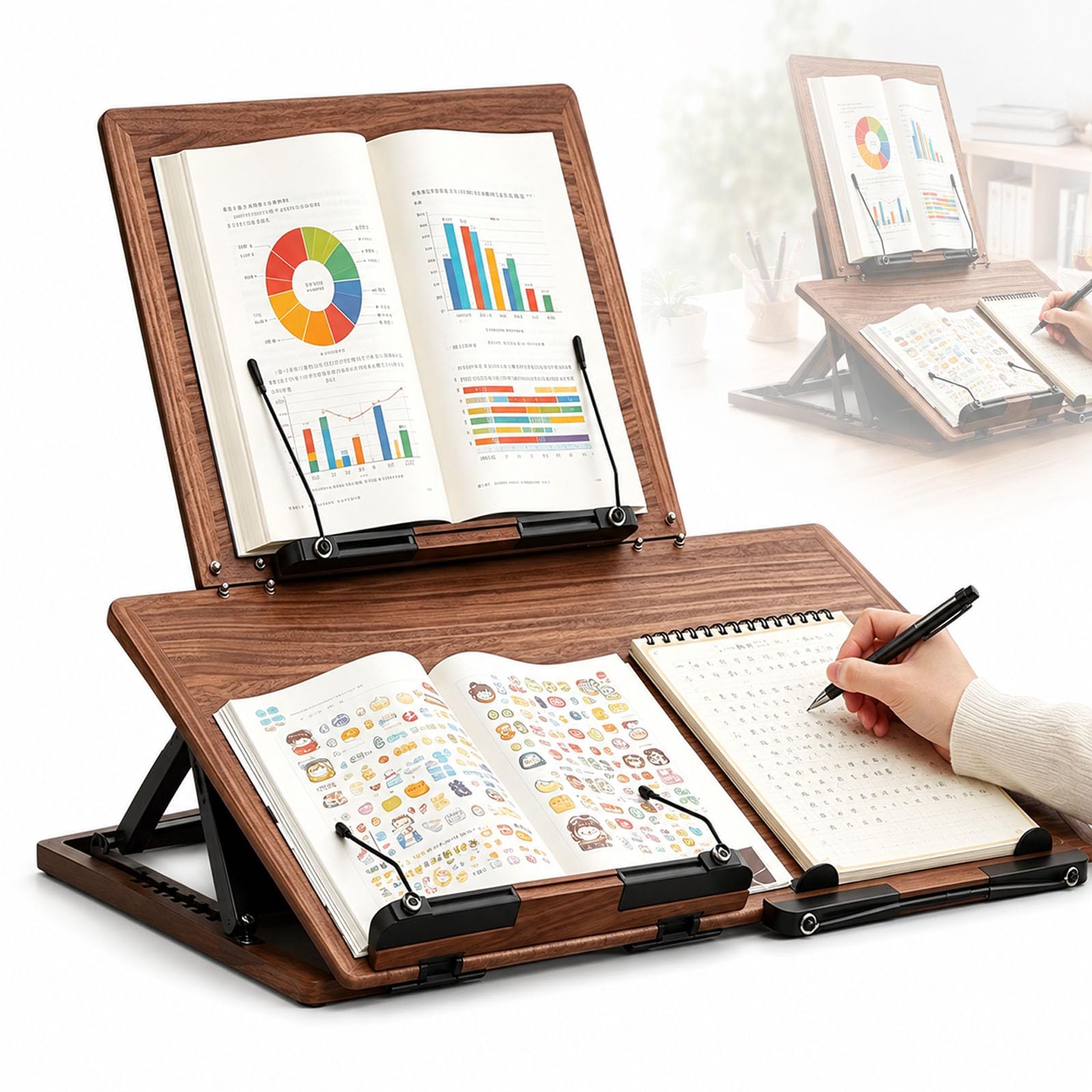 Tableau Double Couche avec Pupitre De Lecture, Support Pliable À Angle Réglable, Bois De Noyer Naturel, Base Antidérapante pour Lecture, Études Et Travail