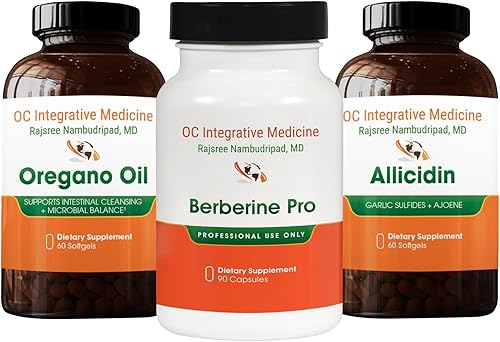 Paquete de hierbas de Dr. Rajsree, aceite de orégano, 60 cápsulas blandas, alicidina, 60 cápsulas blandas y berberina Pro, 90 cápsulas