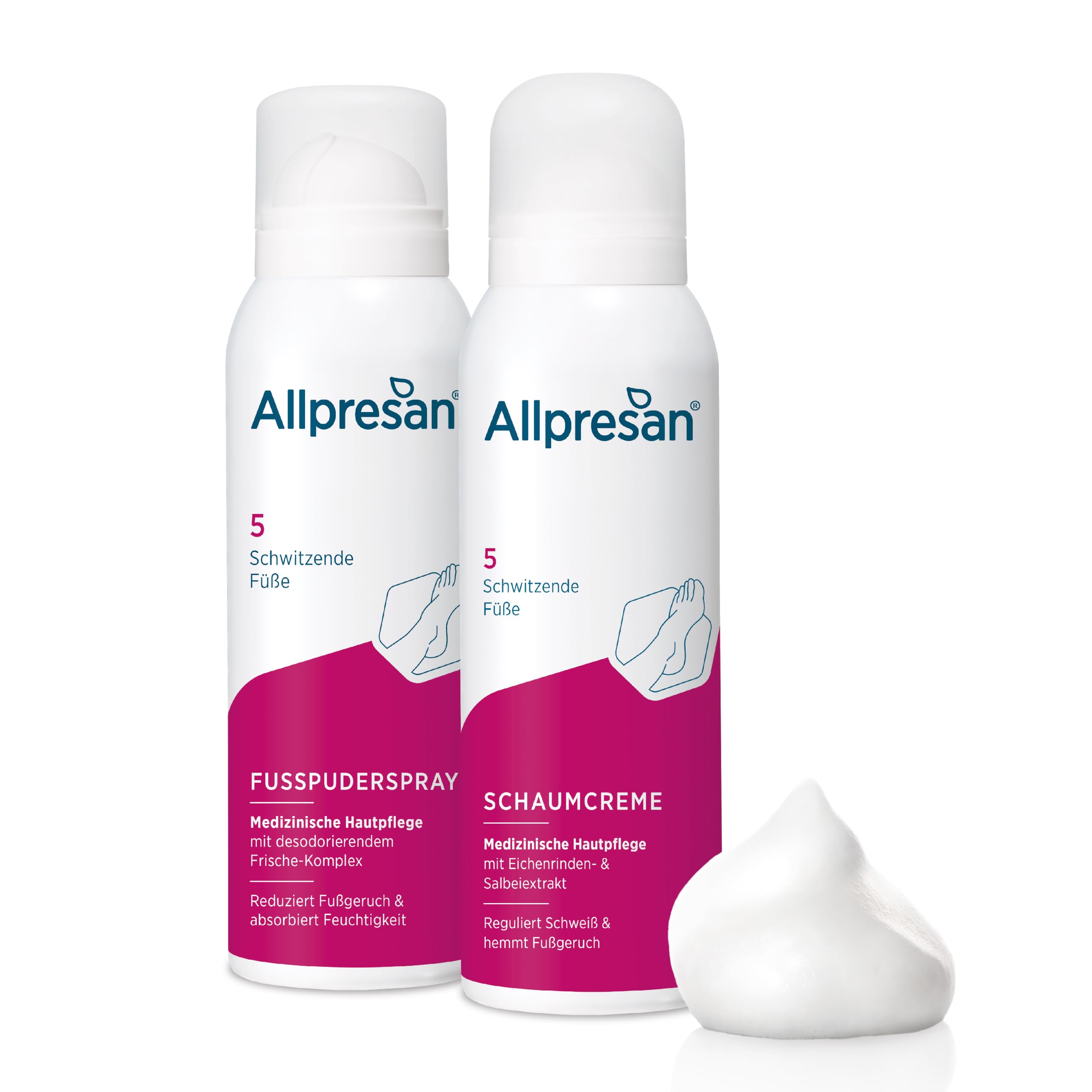 Allpresan Set de cuidado para pies con crema de espuma de 125 ml y pulverizador de polvo para pies de 125 ml para el cuidado diario de pies sudorosos