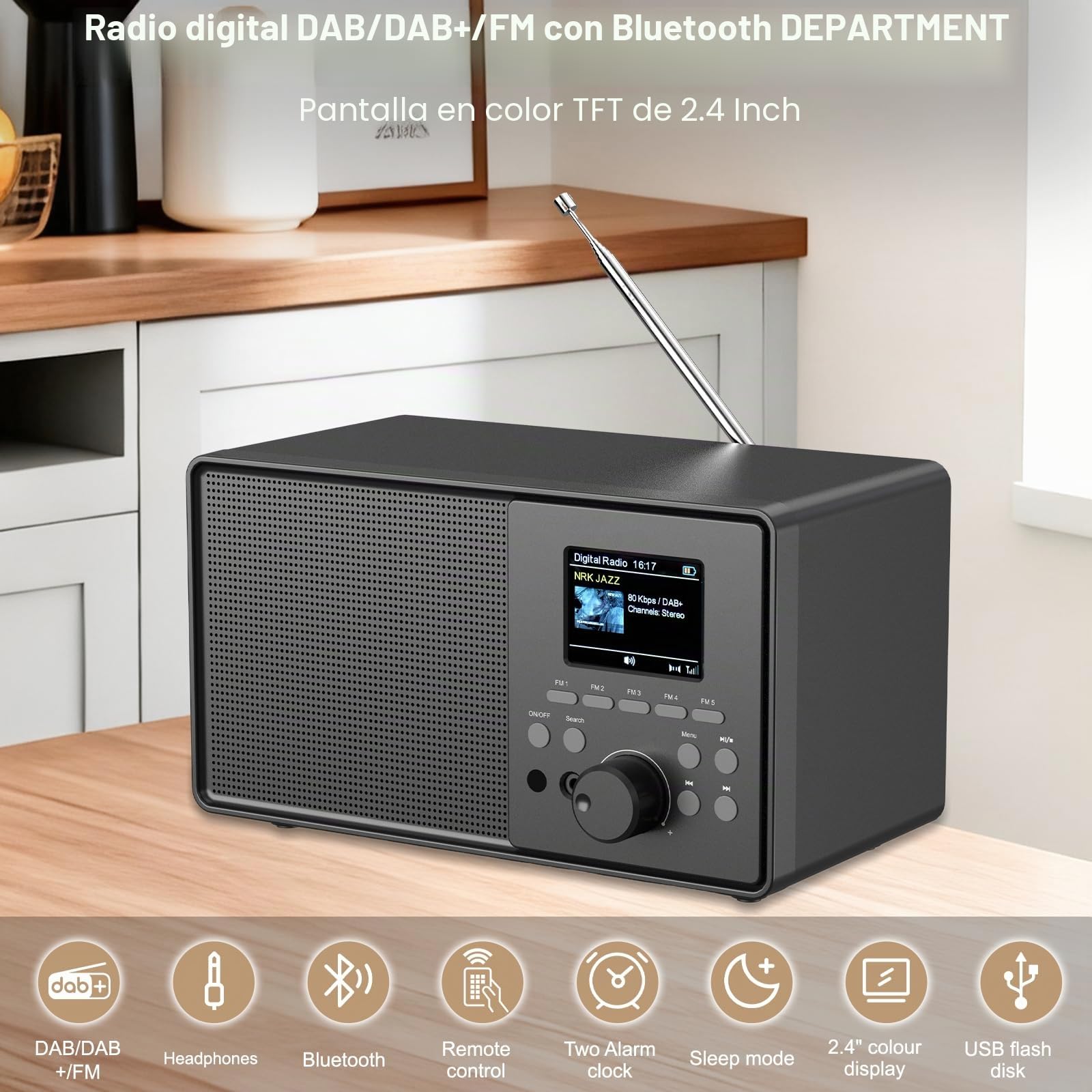 Radio Digital Dab+/FM, Retro Radio Dab Plus con Bluetooth 5.0, USB/AUX, Cocina de Radio con Mando a Distancia, Despertador Dual, Temporizador de Alarma,30 Emisoras Presintonizadas