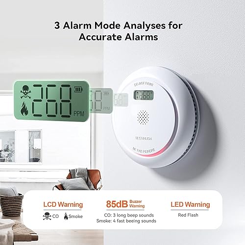 Miniatura 2 de Detector combinado de alarma de monóxido de carbono y humo con pantalla, detector de humo y CO de batería de 10 años, alarma de CO de humo de doble