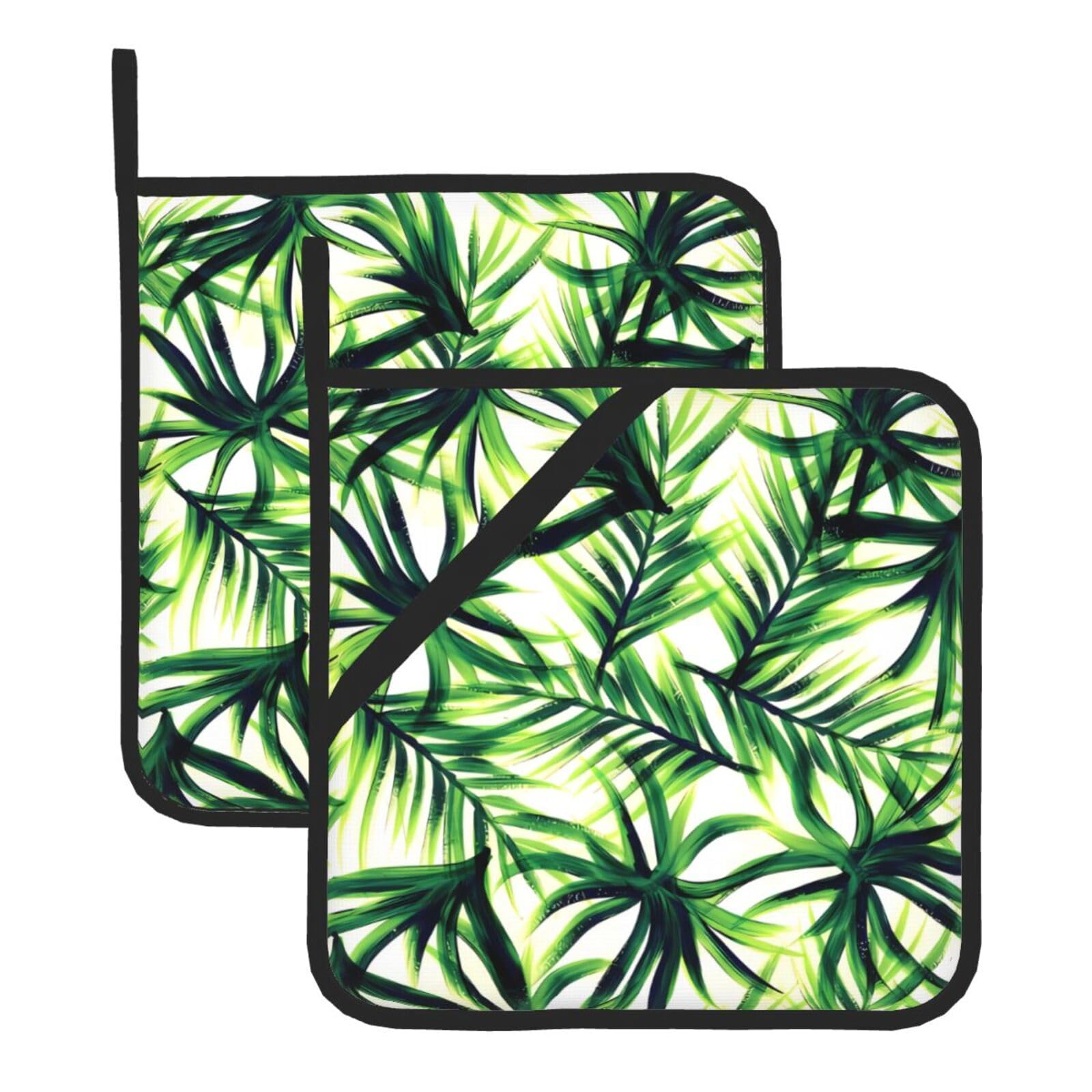 YYHHAOFA Palm Tree Green Leaves Prints Square Hot Pads for Kitchen Counter - Waterproof Pot Covers with Hanging Loop - Thick Heat Resistant Trivets for Microwave & Oven (2-Pack)