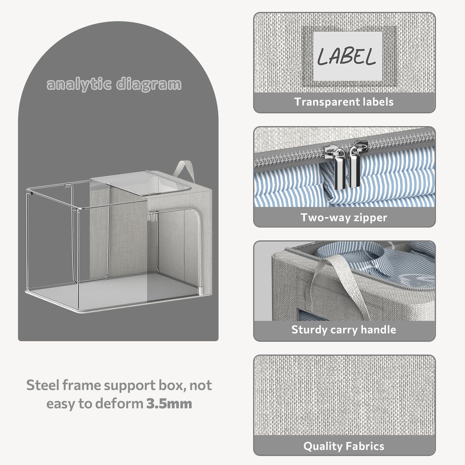 FHSQX 6 Contenitori Pieghevoli Per Vestiti Con Struttura In Metallo E Finestra Trasparente - Bianco Avorio, 100L (60x41,9x39,9 Cm) - Ideali Per Sotto Il Letto O Armadio