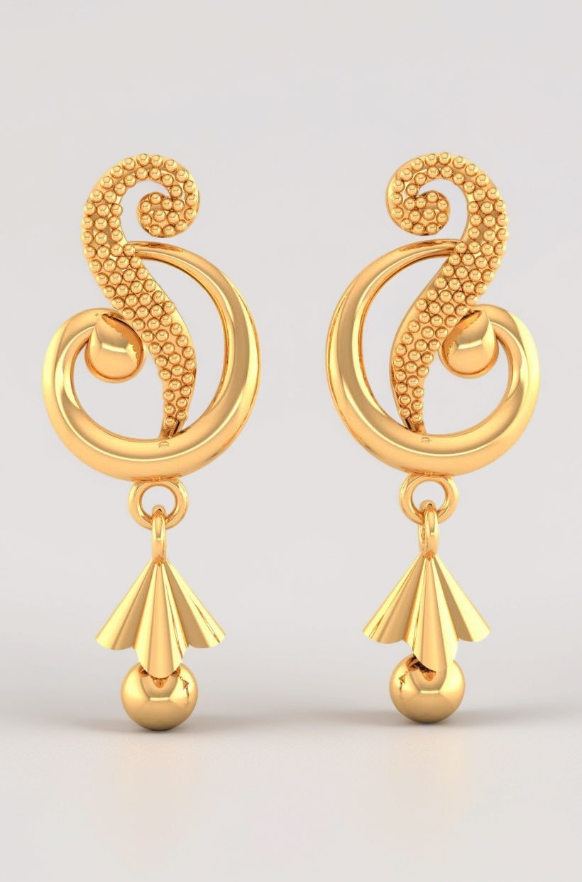 P.C. Chandra Jewellers Womens 22KT (916) Yellow Gold Dangle Drop Earrings With Swirl Design And Cone-Shaped Drop - 0.95 Grams