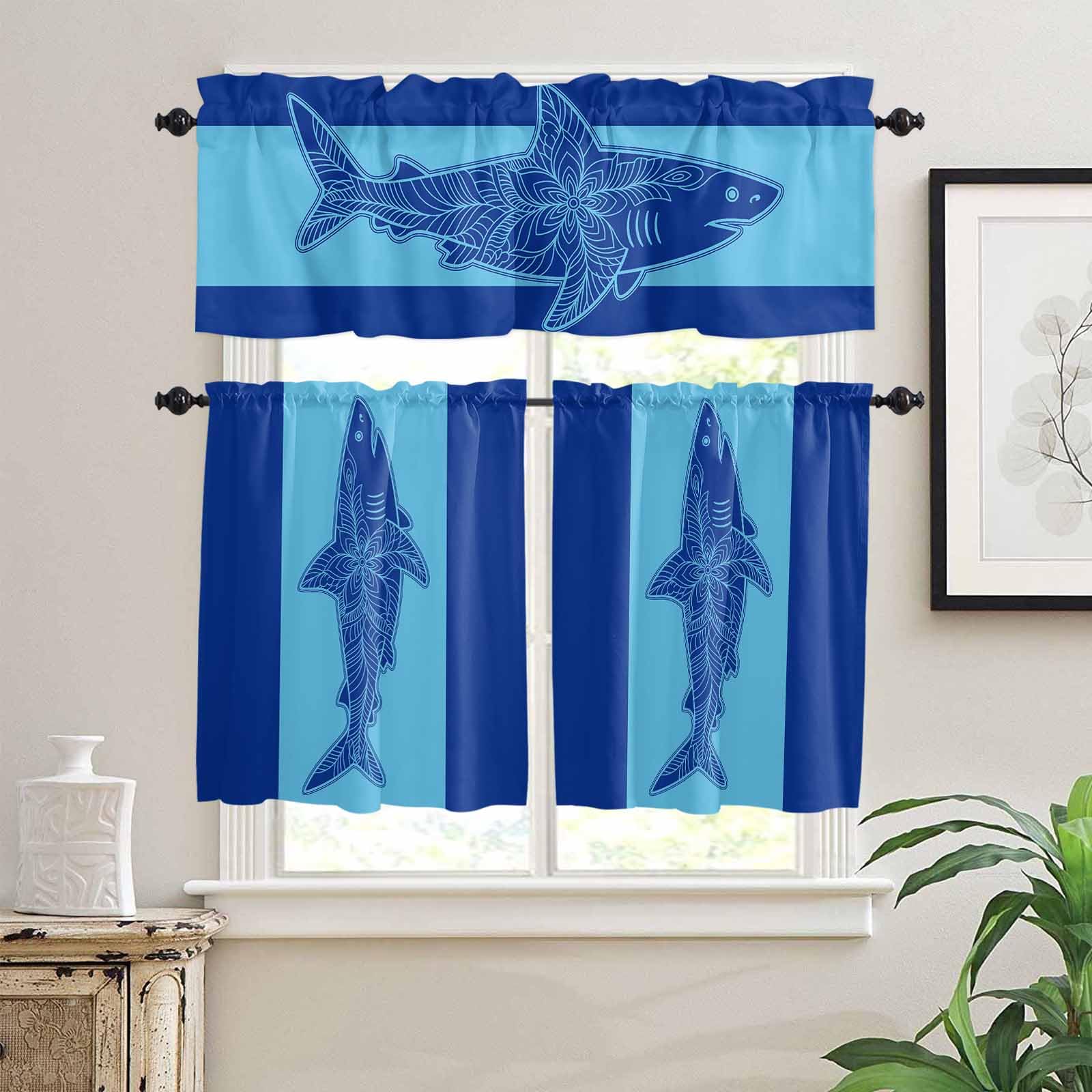 Shark Mandalas Kitchen Curtains 24 Inch Length,3 Piece Rod Pocket Small Half Tiers and Valance Set,Boho Modern Orange Blue Stripe Tropical Small Large Window Treatment Decor for Bedroom/Bathroom Sink
