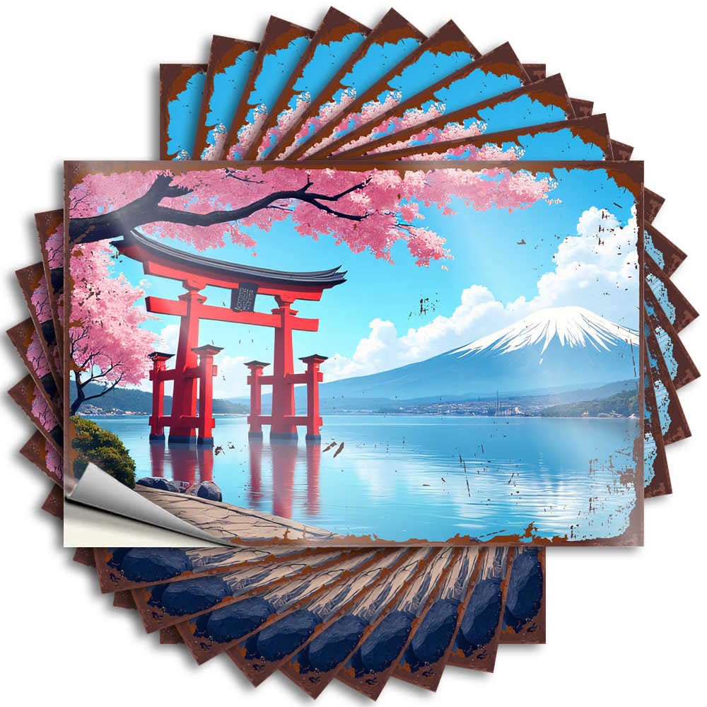 Decal Rv Bathroom Accessories Peel and Stick - Cherry Blossoms, Torii Gate, and Mount Fuji Reflections On Lake Wall Encouraging Waterproof Vinyl for Men(12X18CM)