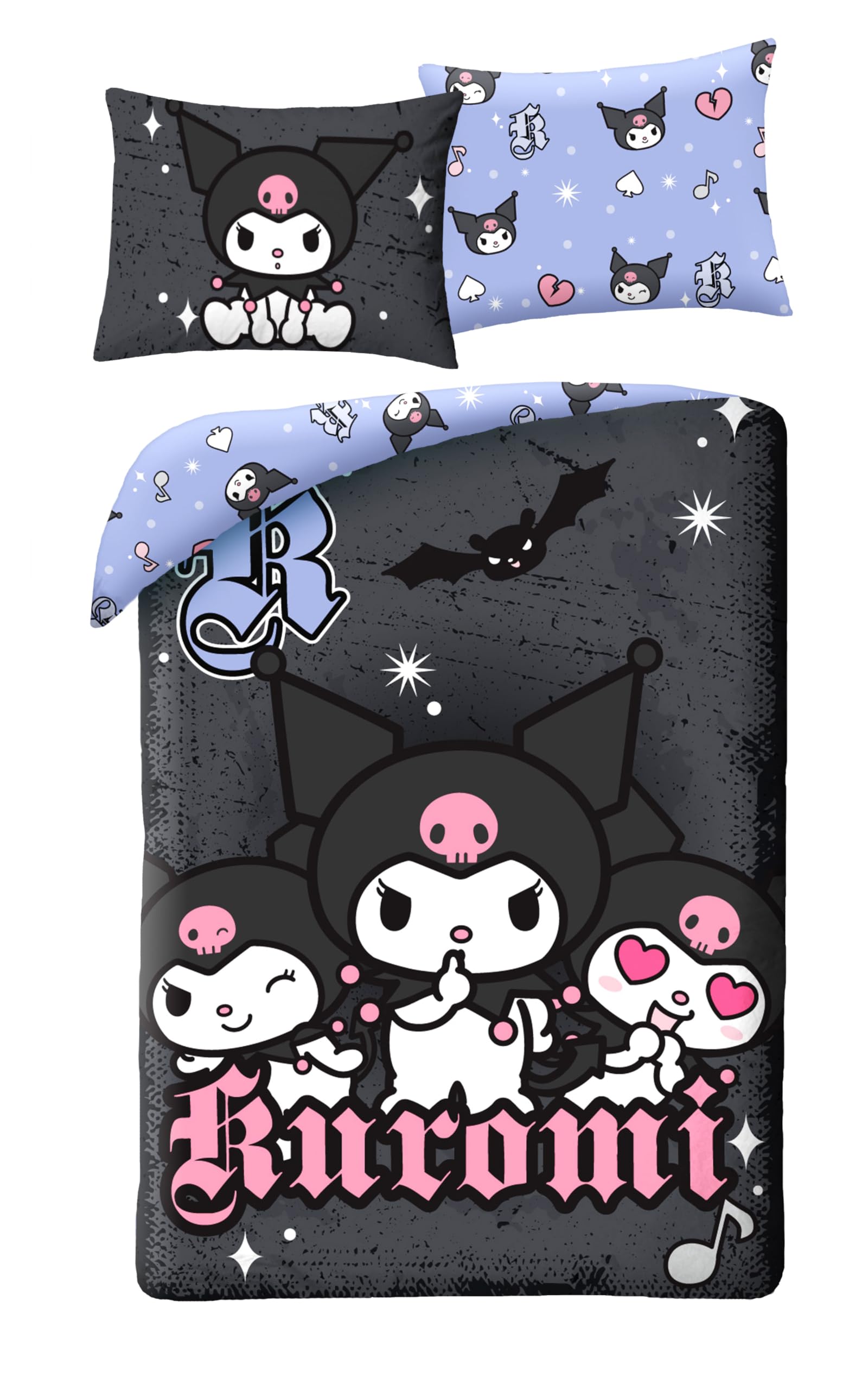 Copripiumino Kuromi 140 x 200 cm – Parure da letto per bambini e adolescenti, 100% microfibra con federa 70 x 90 cm, design reversibile nero e blu