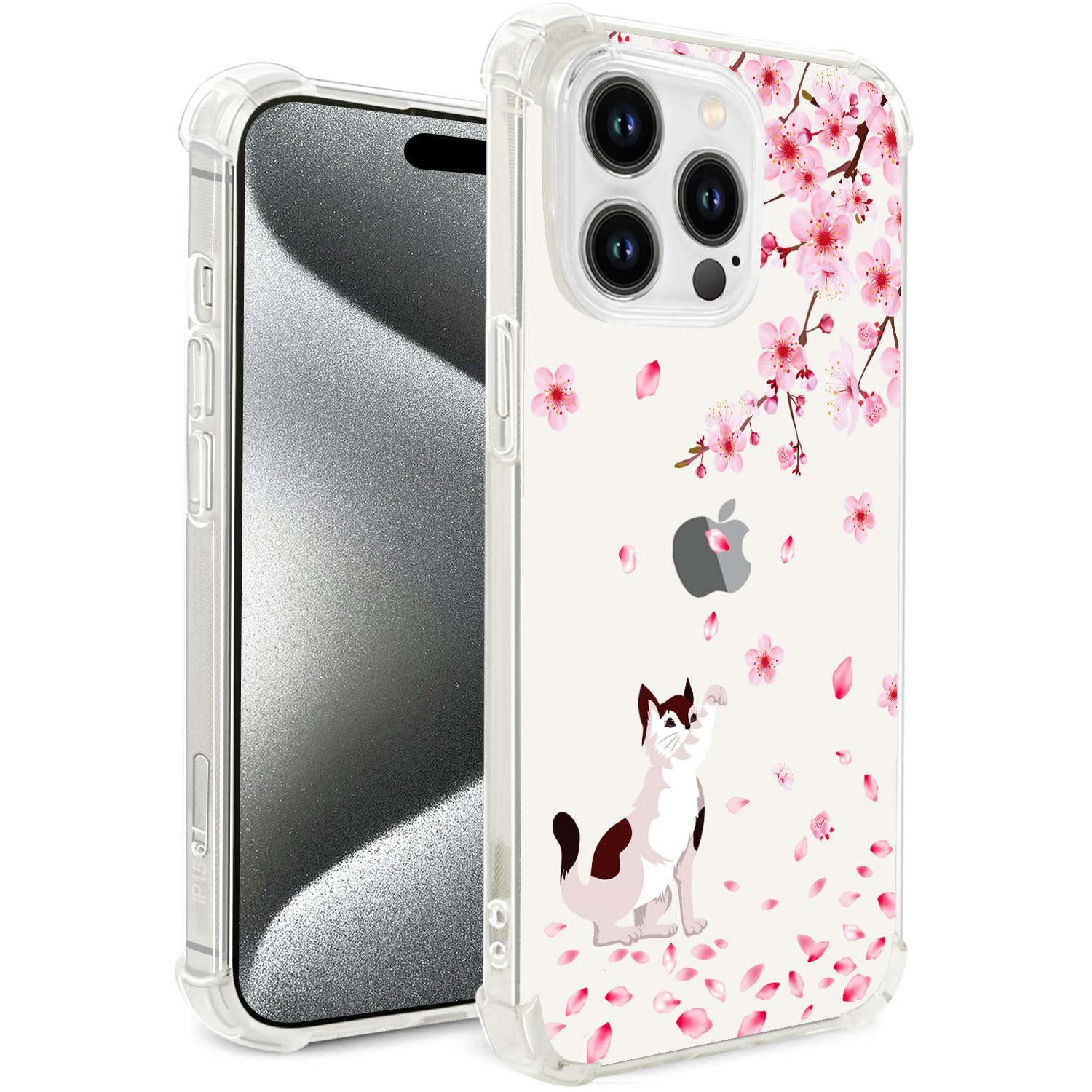 Hi Space Case Compatible with iPhone 15 Pro 2023 6.1 Inch, Cherry Blossom Cat Flower Ultra Clear Slim Transparent Soft TPU Bumper Shockproof Protective Cover