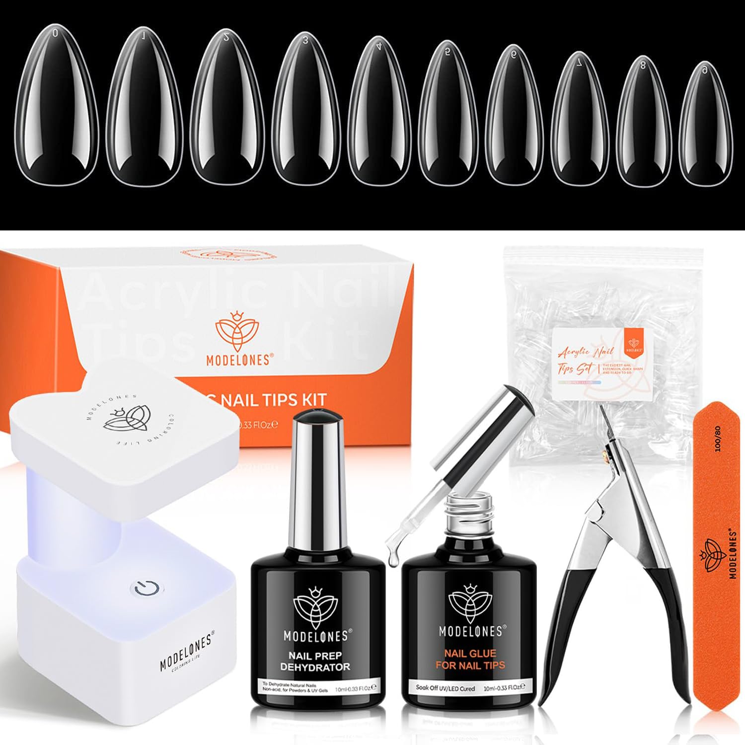 Nail Tips and Glue Gel Kit 500pcs Clear Fake Nails Almond with Prep Dehydrate 4In1 U V/LED Lamp Art Tools Acrylic Extension Set, red, 7.5 millilitre