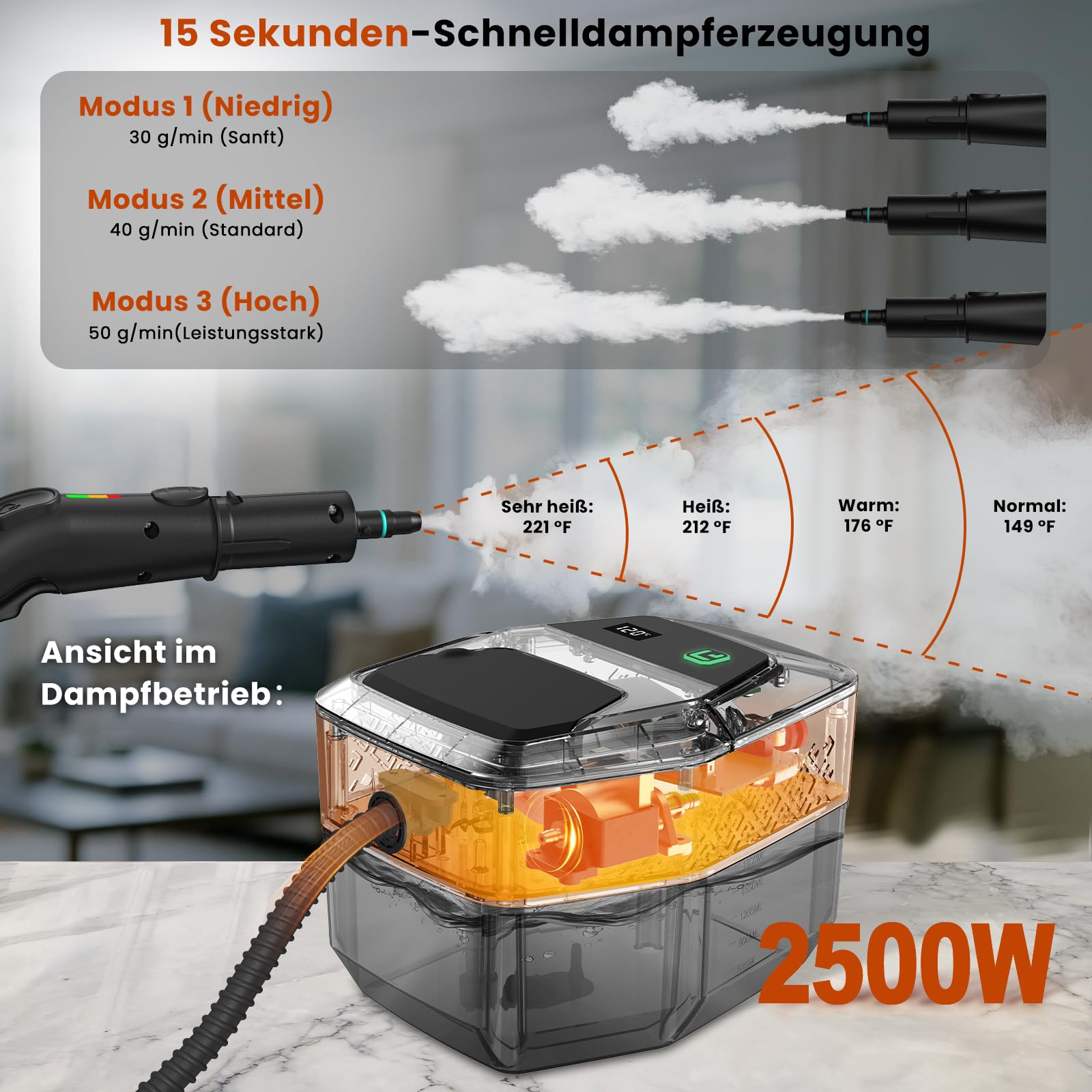 14 in 1 Dampfreiniger, 3 Stufig Einstellbarer Griff, Temperaturanzeige, 15 Sekunden Aufheizzeit, 1,8 L Wassertank, für Küche, Bad, Auto und Möbel (Schwarzweiß)