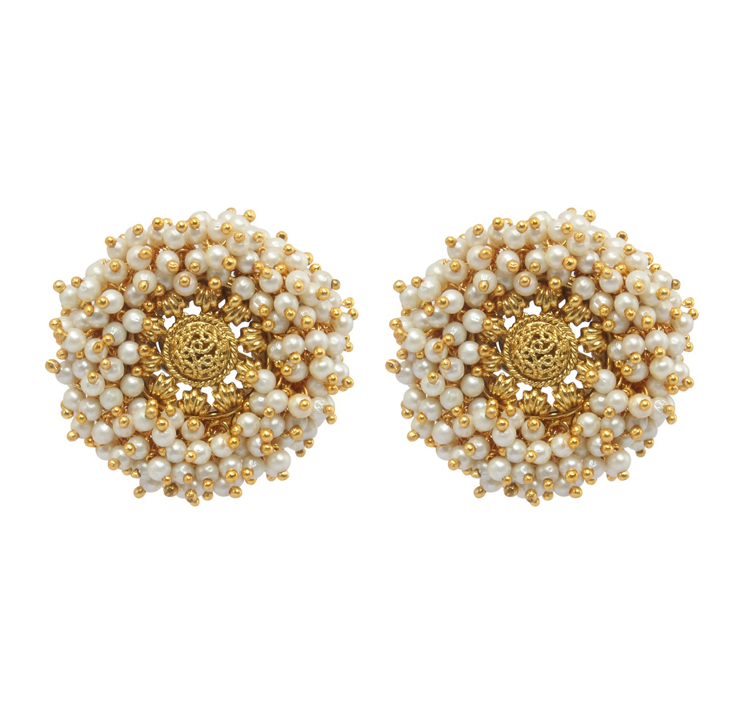 Naveli Round Traditional Pearl Beads Gold Plated Tops/Earrings For Girls/Women