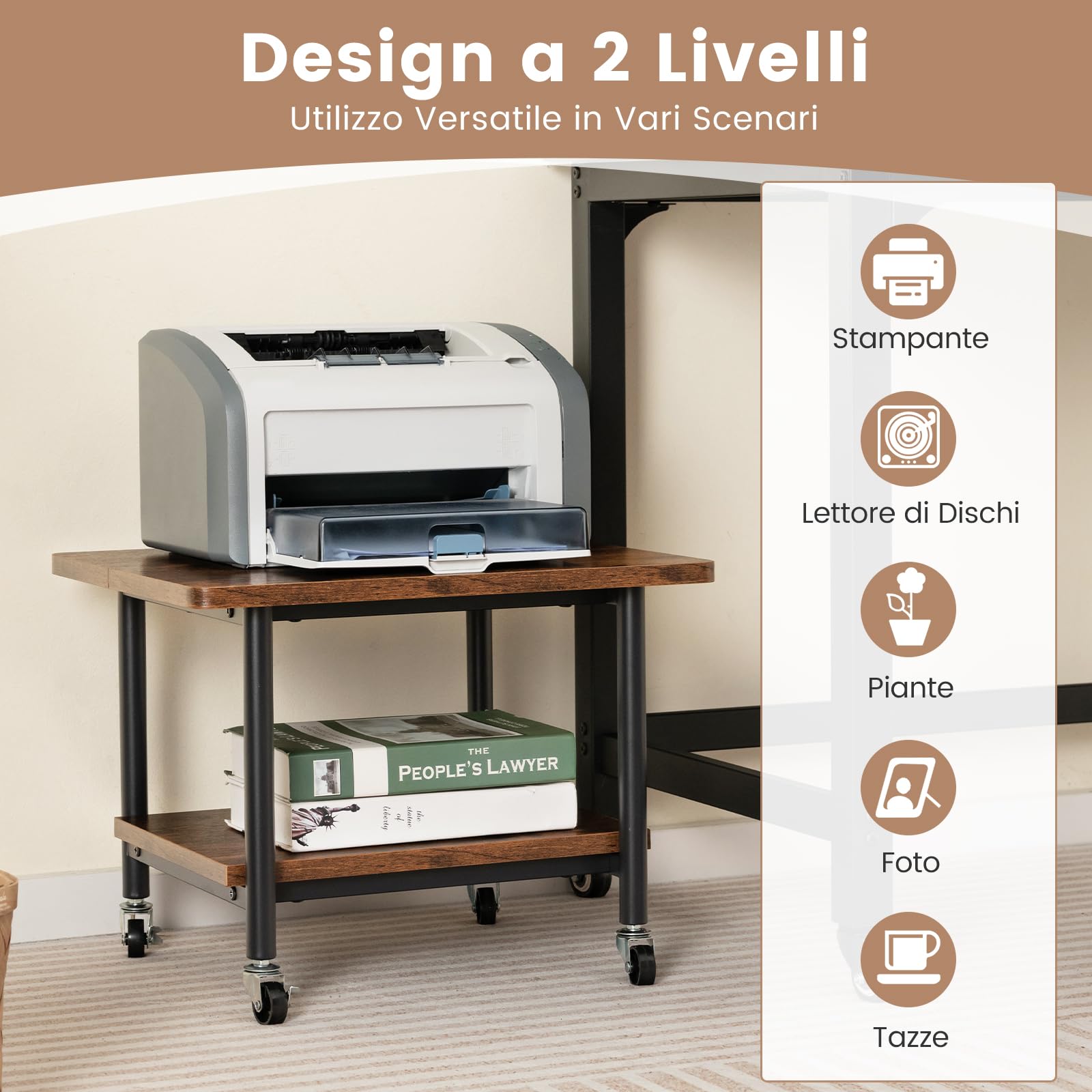 COSTWAY Supporto per Stampante, Carrello Stampante con Ruote Girevoli a 360⁰, Design Rimovibile, Superficie Ampia e Liscia, di Legno e Acciaio, 49 x 40 x 37 cm (Marrone)